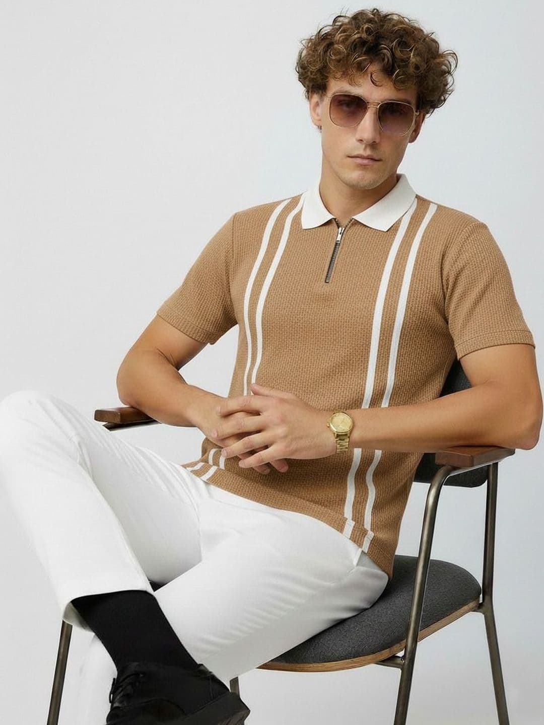 R.Code by The Roadster Life Co. Men Striped Polo Collar T-shirt - view 1