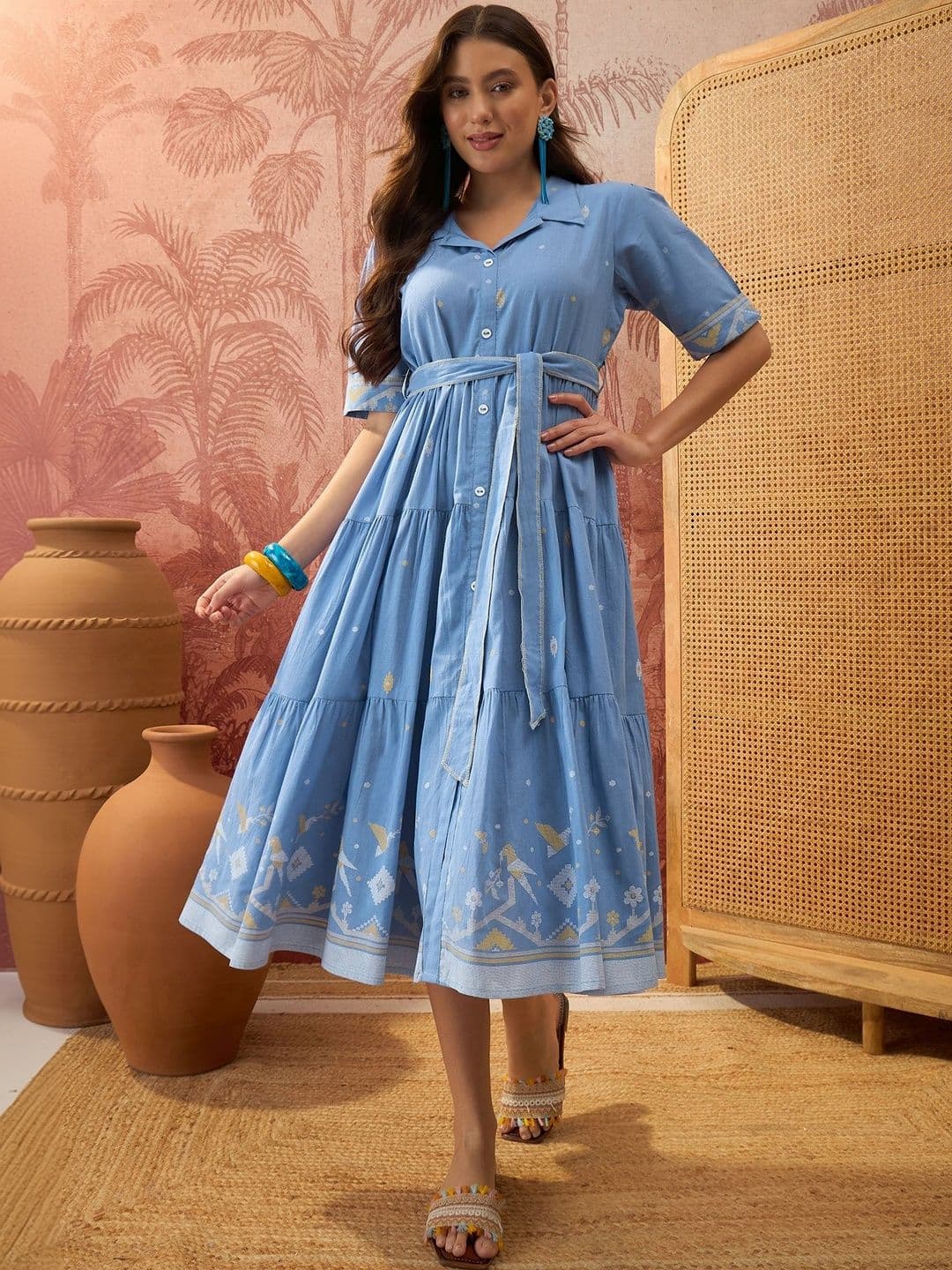 Sangria Printed Cotton Shirt Collar A-Line Midi Tiered Dress - view 1