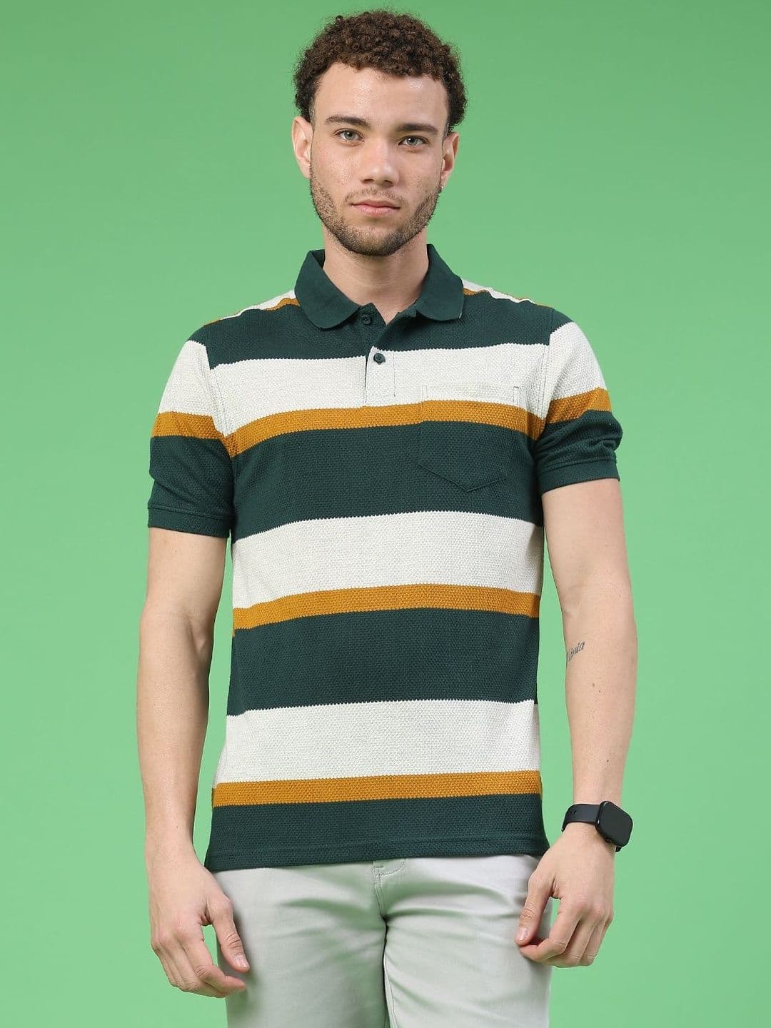 V-Mart Men Striped Polo Collar Pockets T-shirt - view 1