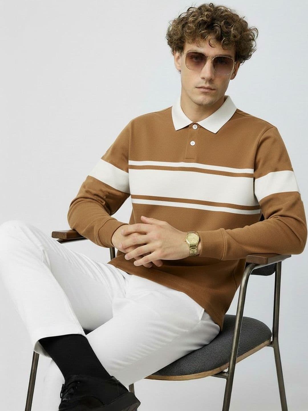 R.Code by The Roadster Life Co. Men Striped Polo Collar T-shirt - view 1
