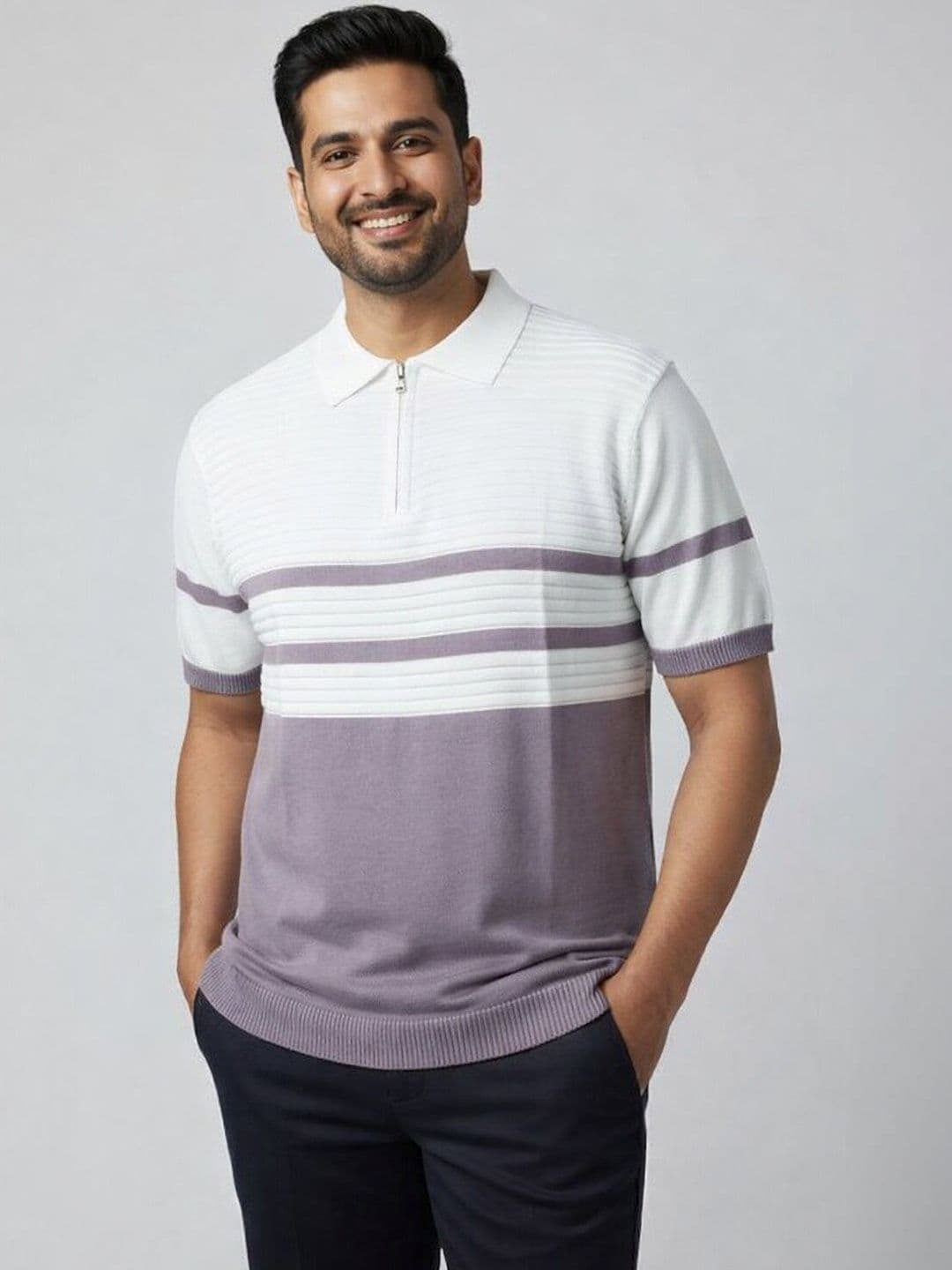 The Roadster Lifestyle Co Colourblocked Striped Pure Cotton Polo Collar Tshirt - view 1