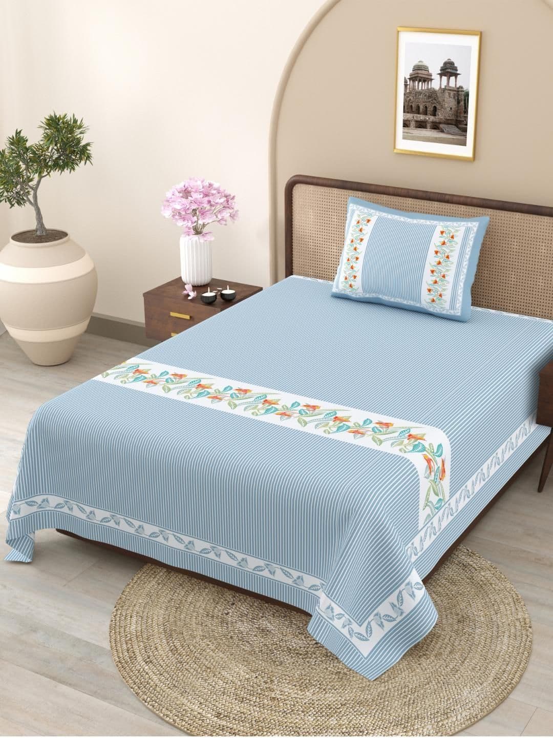 JAIPUR FABRIC Blue Striped Single Bedsheet with 1 Pillow Covers - view 1