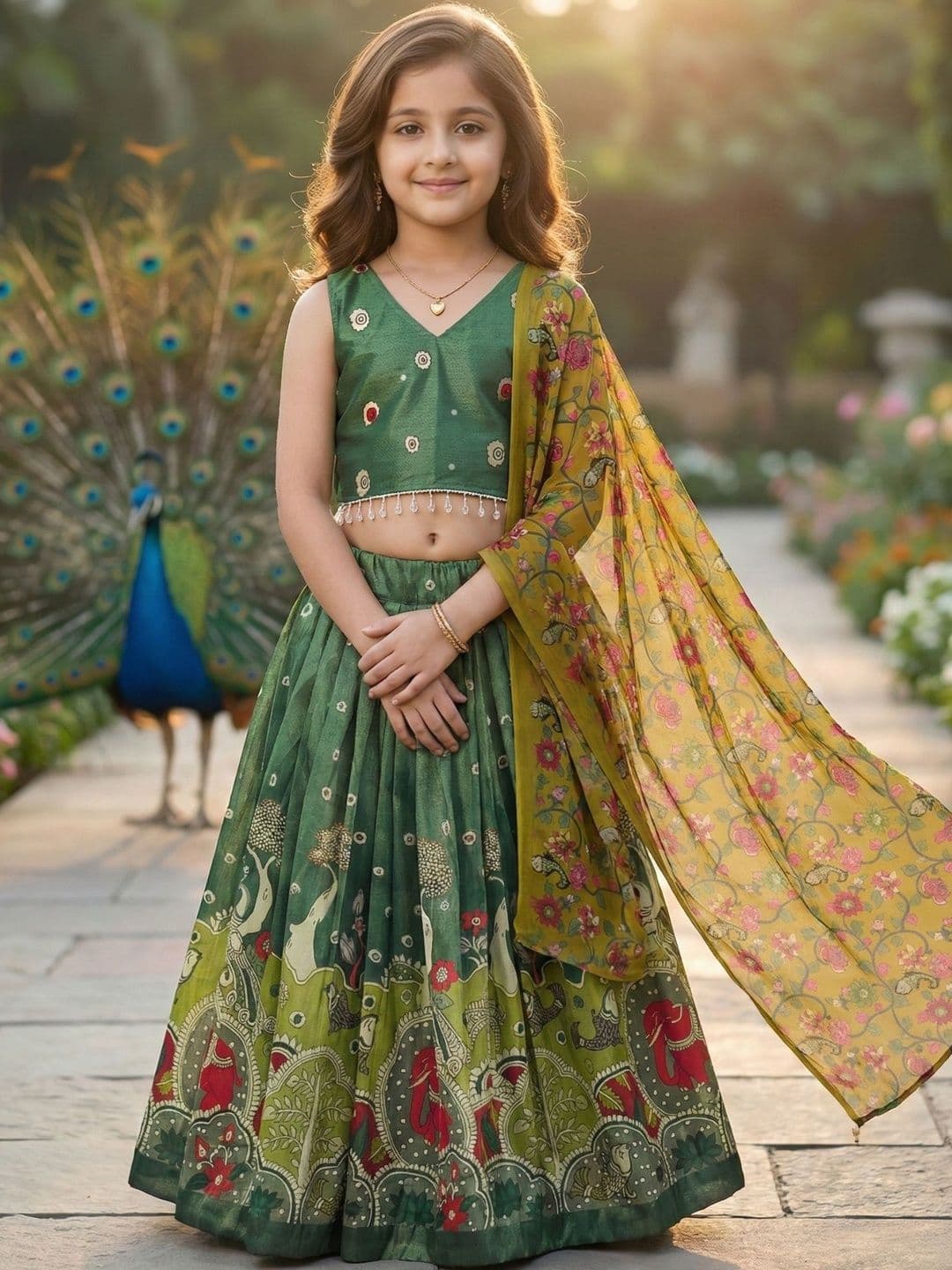 KALINI Girls Embellished Thread Work Kalamkari Ready to Wear Lehenga & Blouse With Dupatta - view 1
