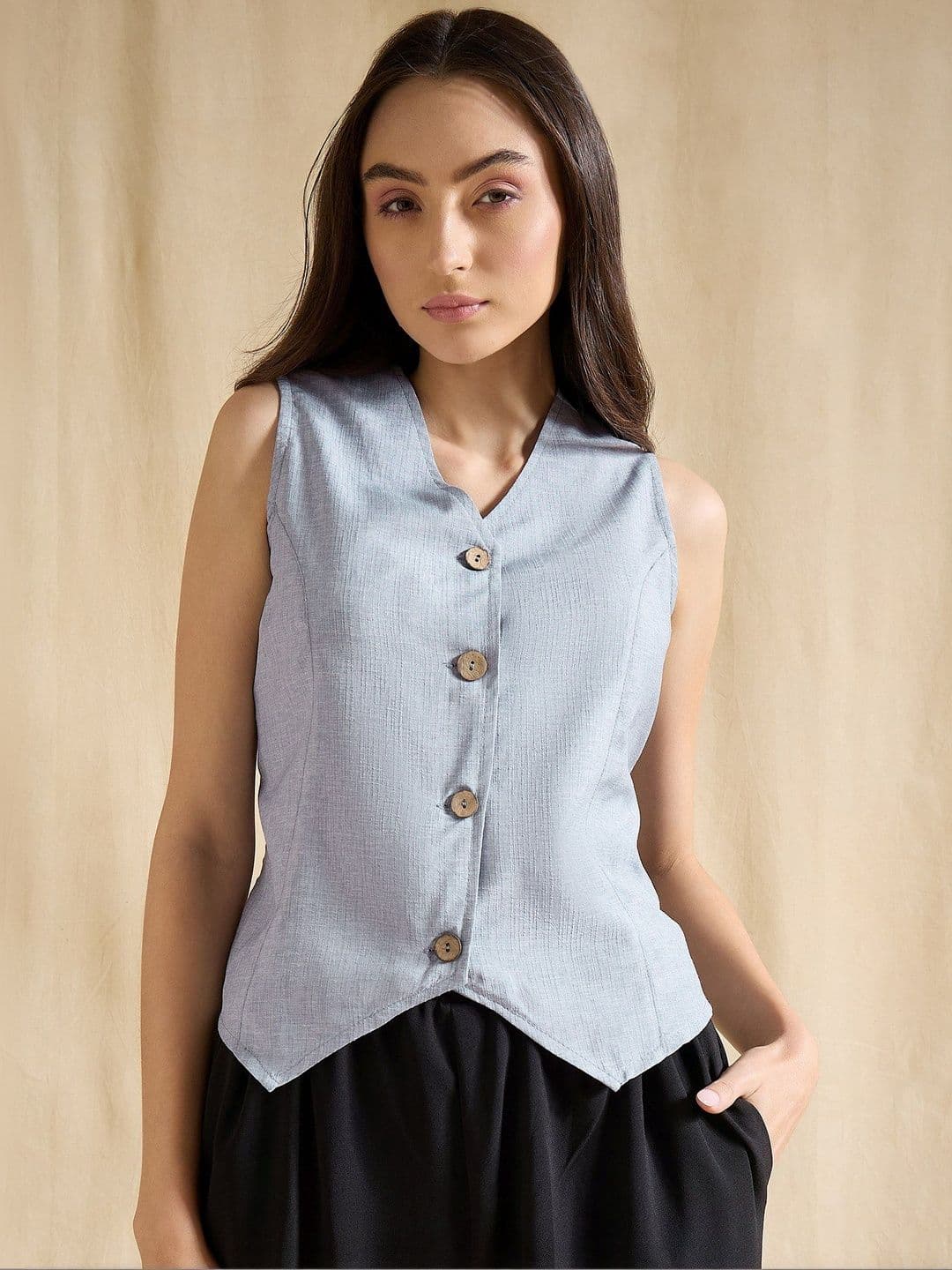 DRAPE AND DAZZLE V-Neck Sleeveless Cotton Linen Button-Front Woven Waistcoat - view 1