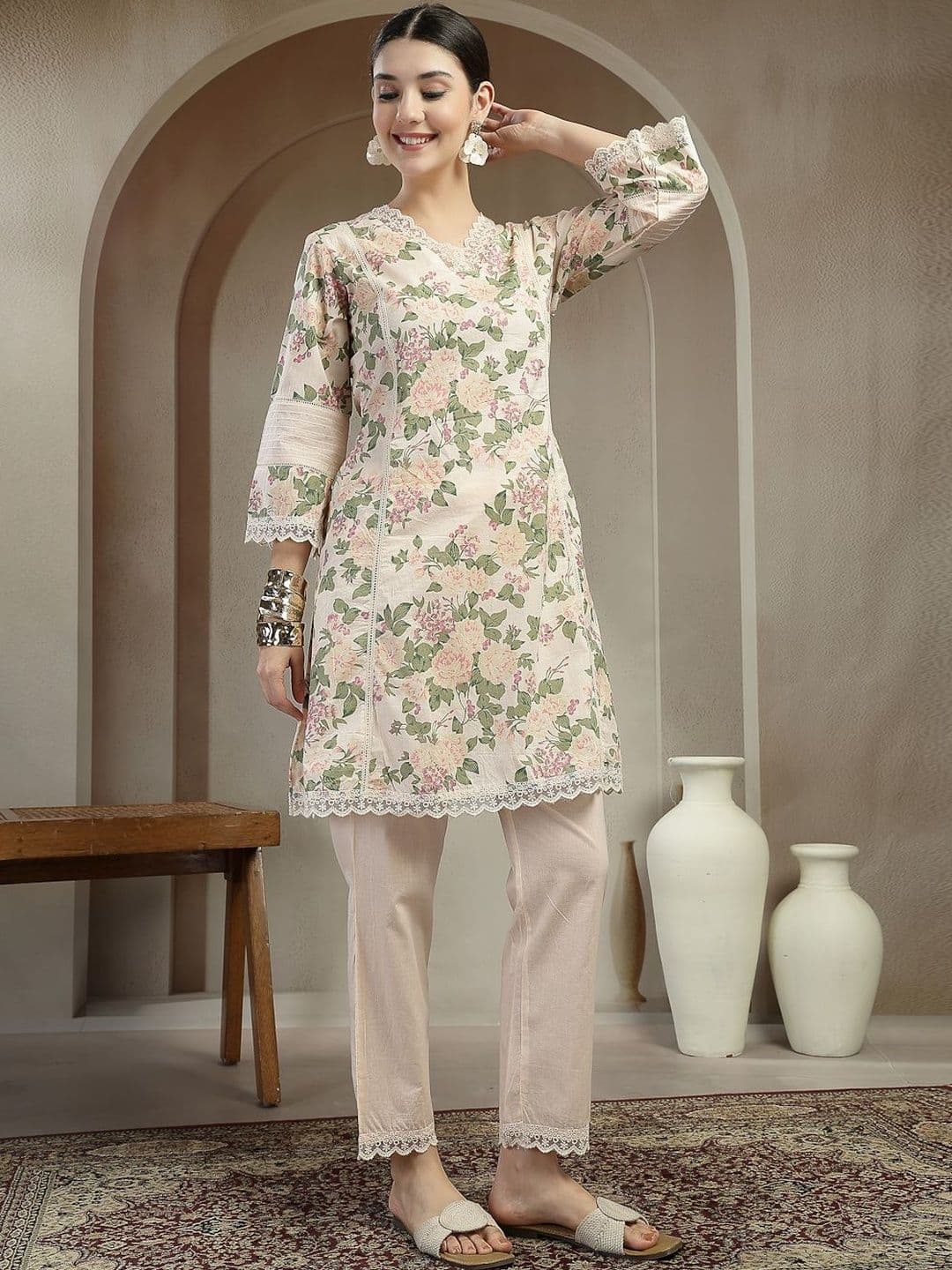 Sangria Floral Cotton Printed Tunic with Trousers - view 1