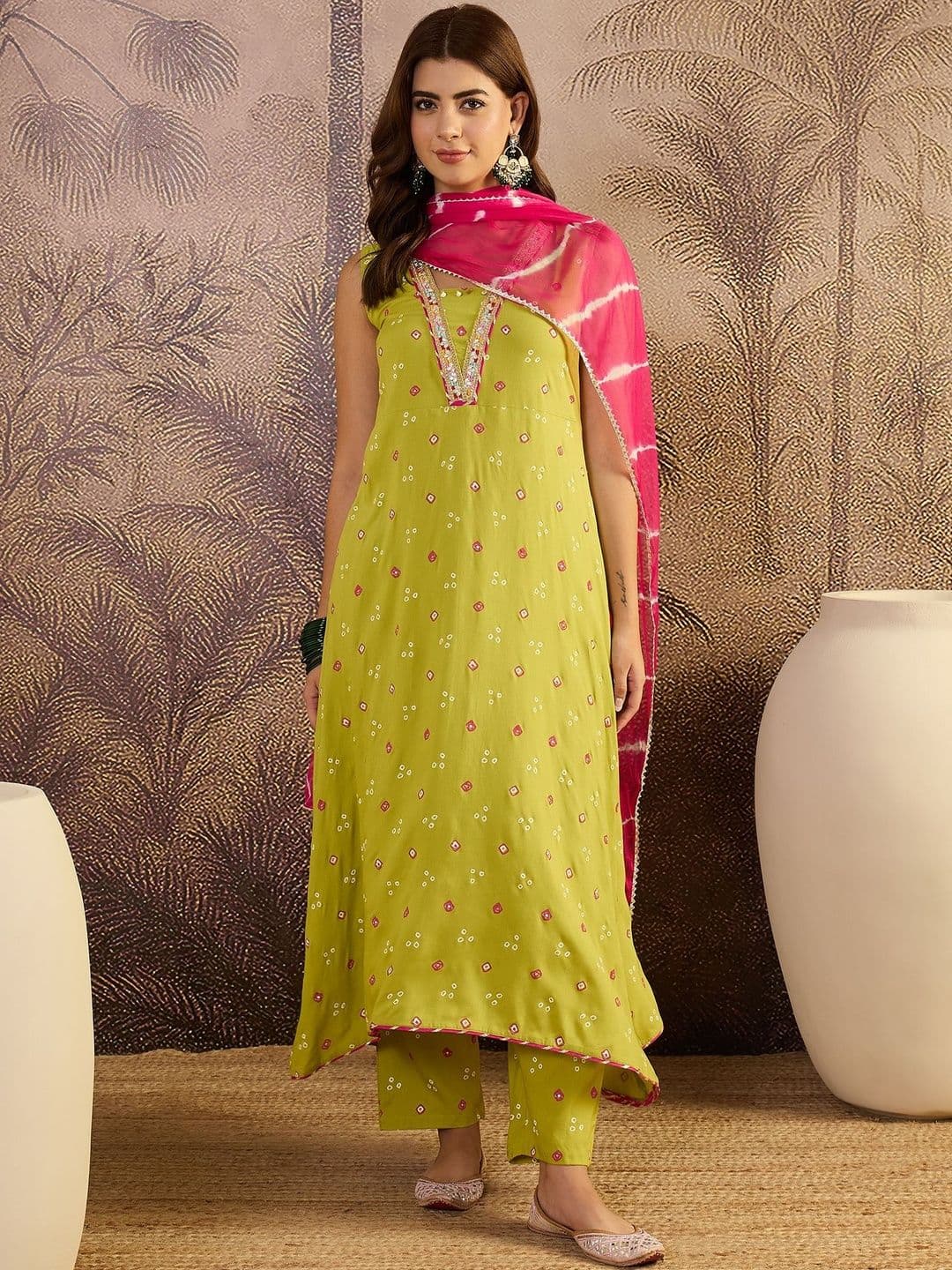 Sangria Green Bandhej Printed & Embroidered Rayon A-Line Kurta With Dupatta - view 1