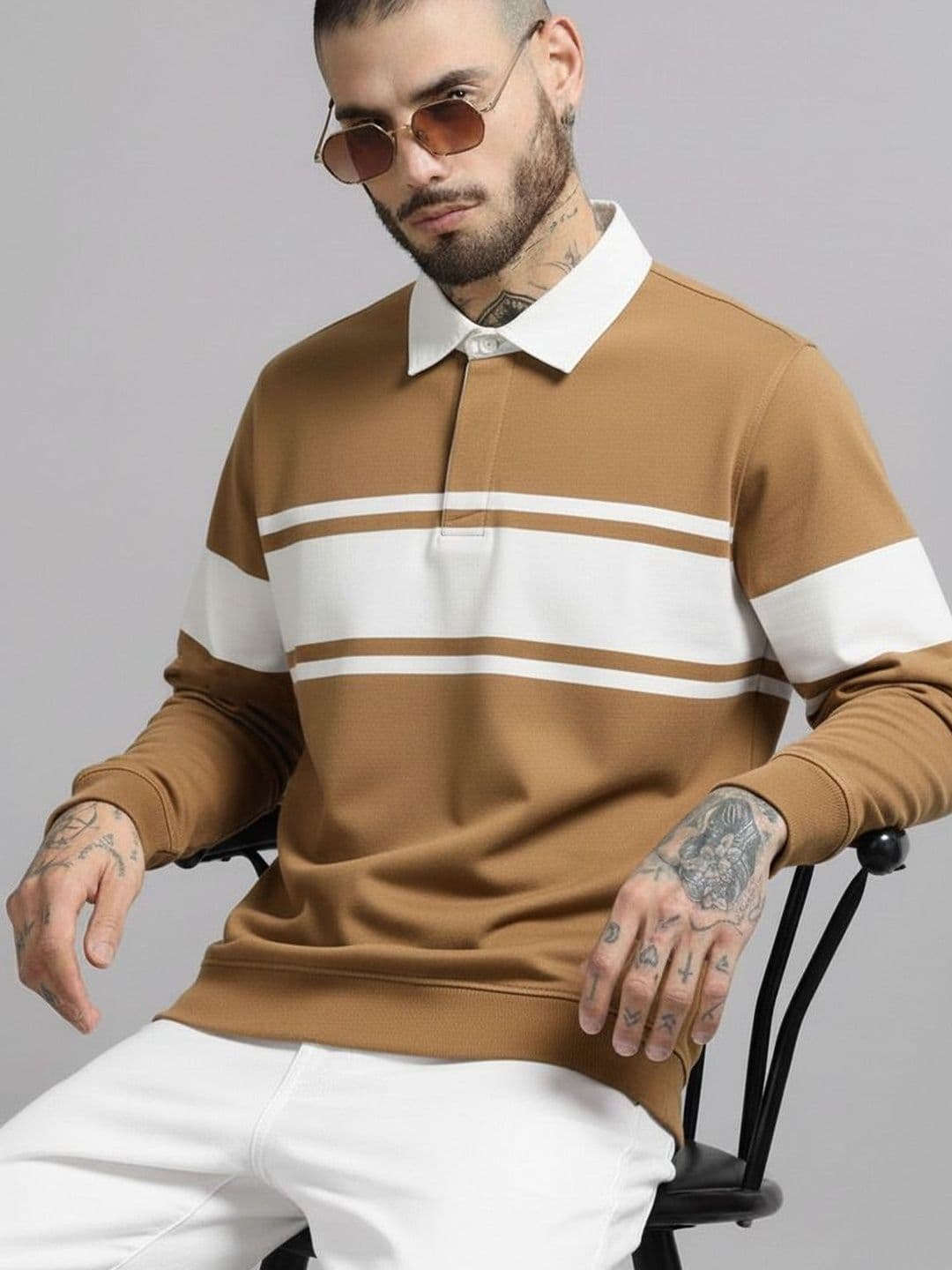 R.Code by The Roadster Life Co. Men Striped Polo Collar T-shirt - view 1