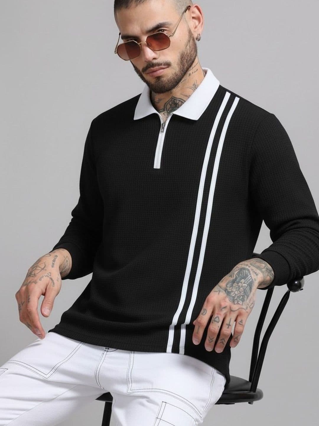 R.Code by The Roadster Life Co. Men Striped Polo Collar T-shirt - view 1