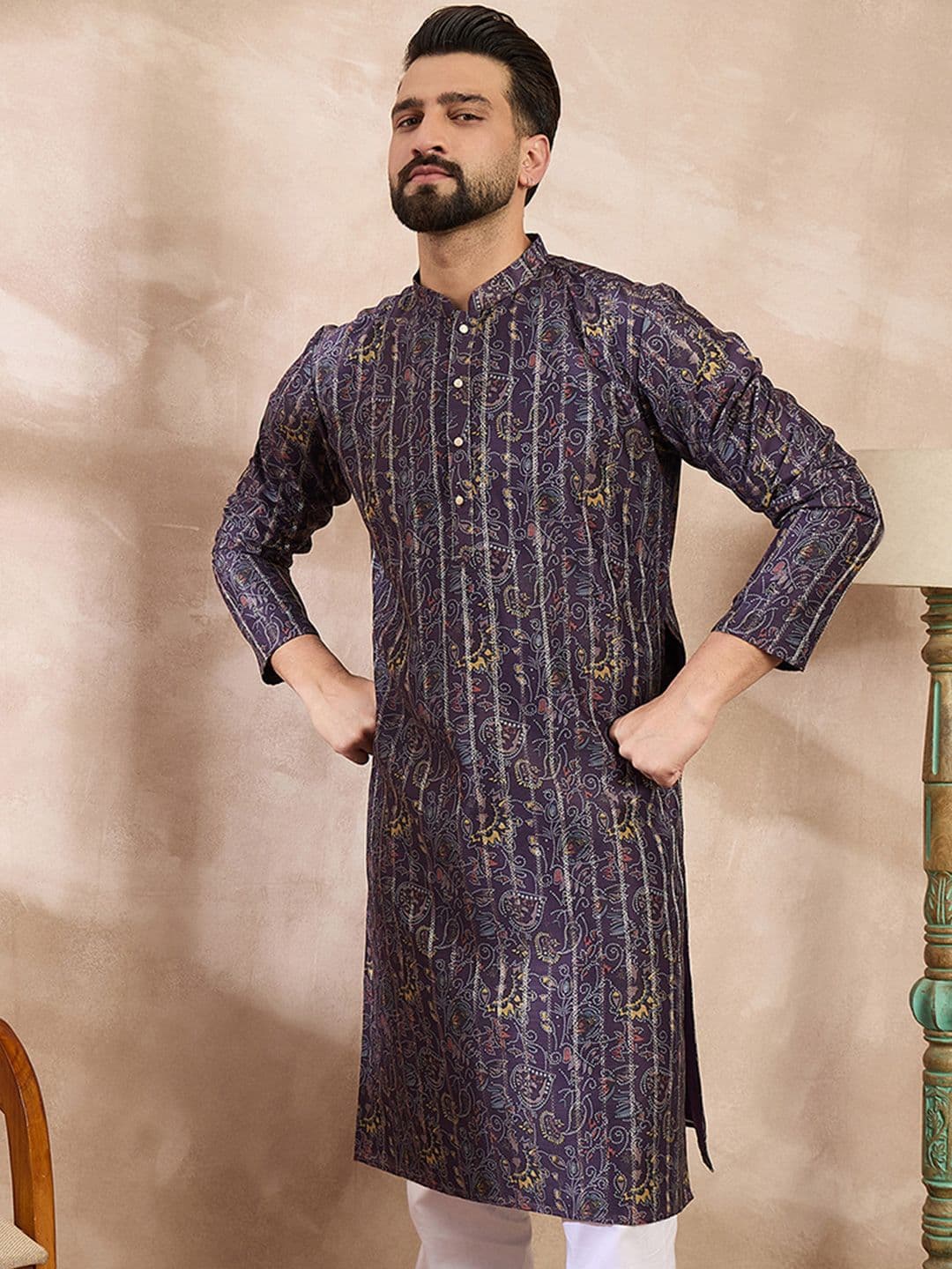 House of Pataudi Printed Mandarin Collar Knee Length Straight Kurta - view 1