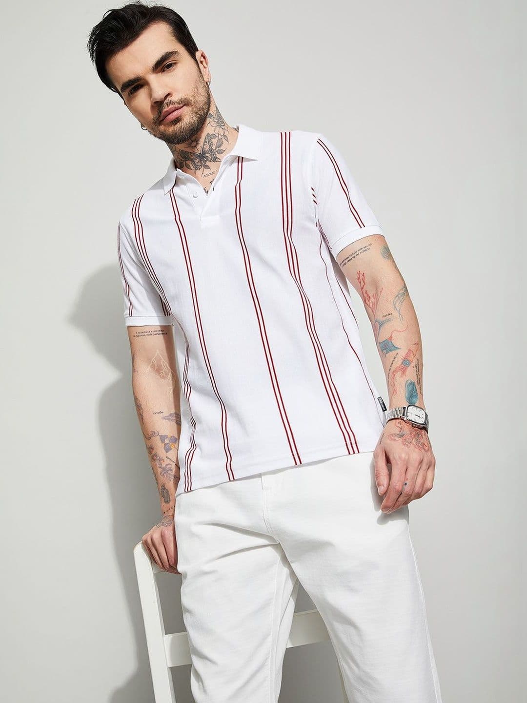 Fame Forever by Lifestyle Men Striped Polo Collar T-shirt - view 1