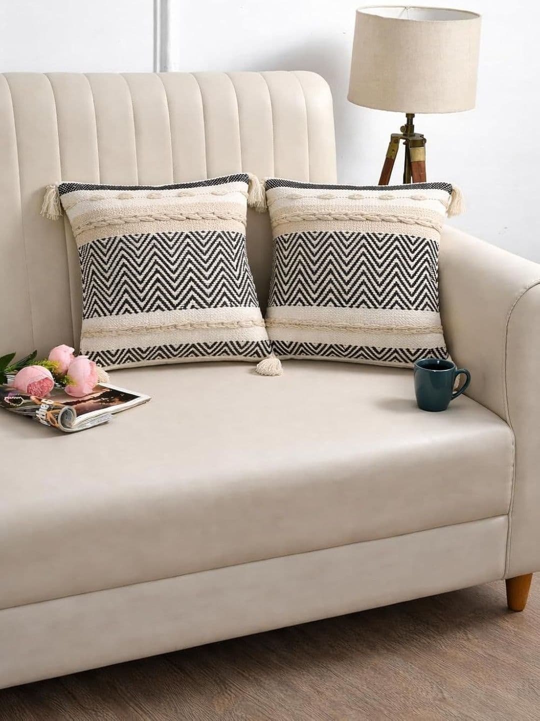 WEAVERS HUT Black & Beige Set of 2 Geometric Square Cushion Covers - view 1