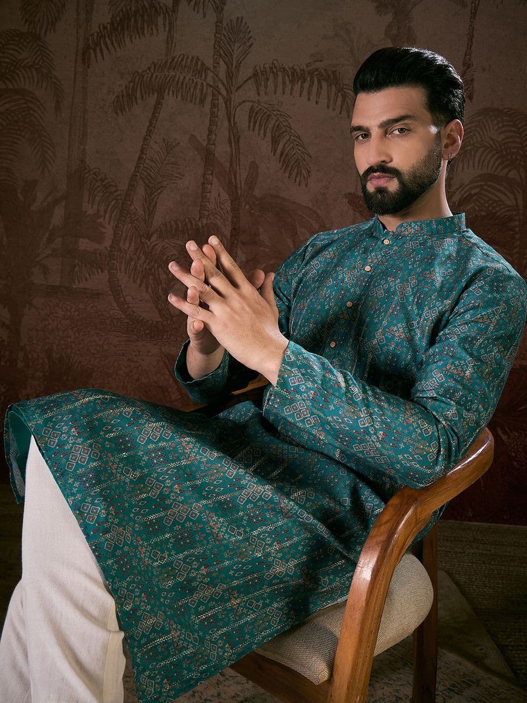 House of Pataudi Printed Mandarin Collar Knee Length Straight Kurta - view 1