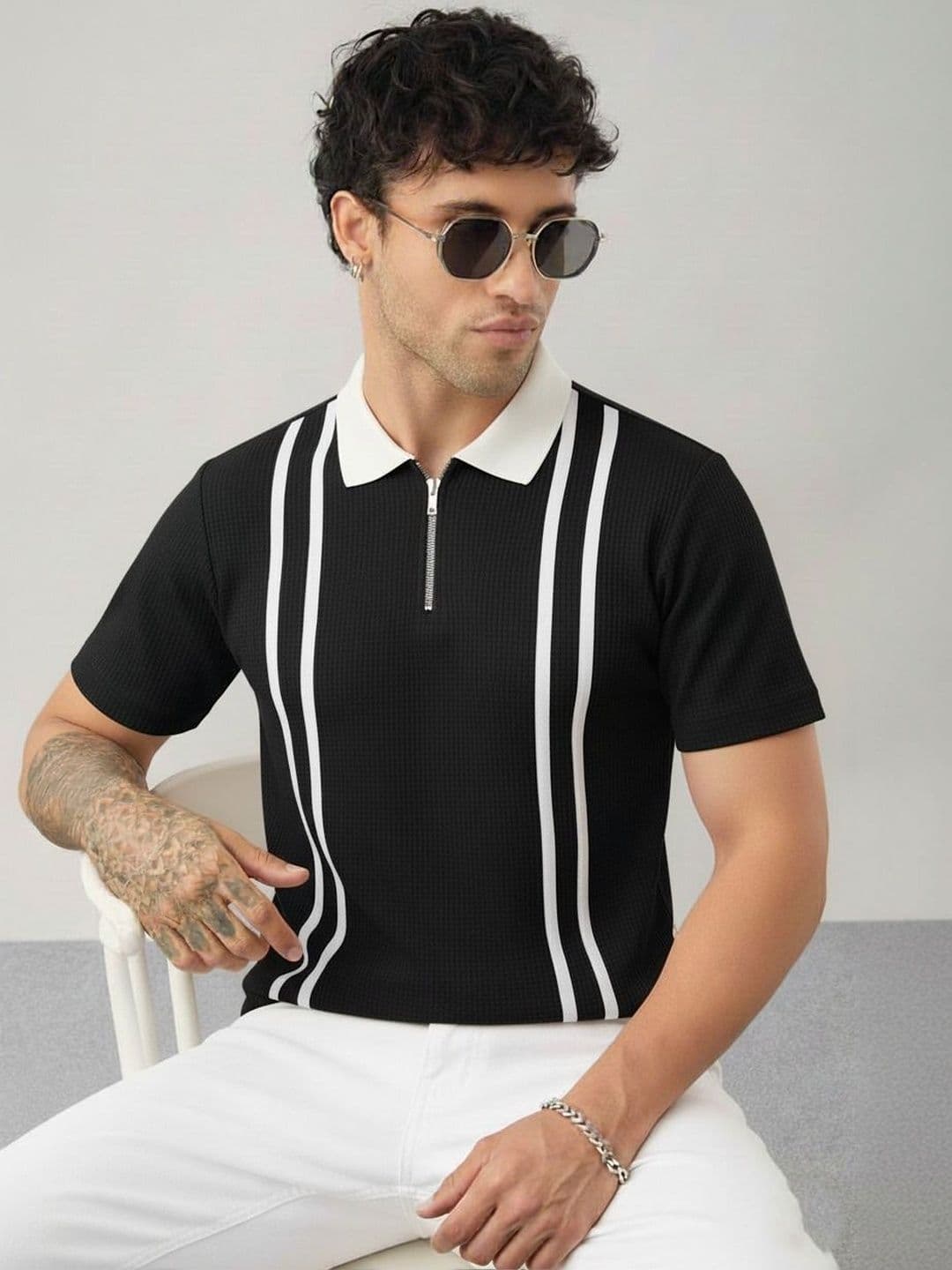 R.Code by The Roadster Life Co. Men Striped Polo Collar T-shirt - view 1