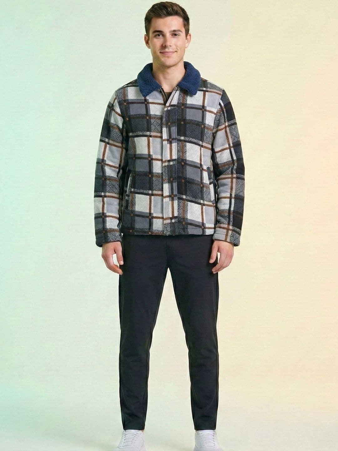 The Roadster Lifestyle Co Checked Spread Collar Sherpa Jacket - view 1