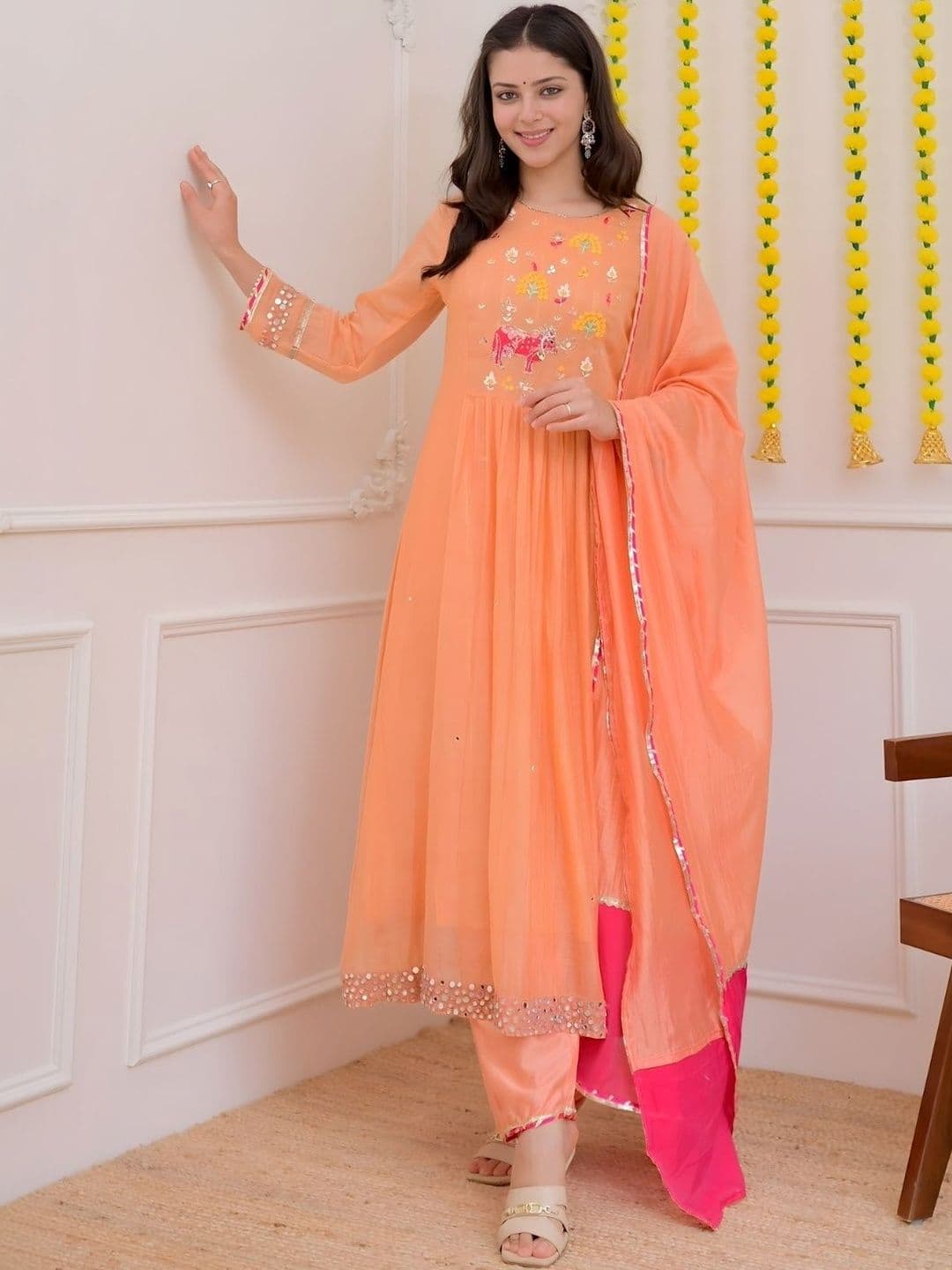 HERE&NOW Women Ethnic Motifs Embroidered Empire Mirror Work Kurta with Trousers & With Dupatta - view 1