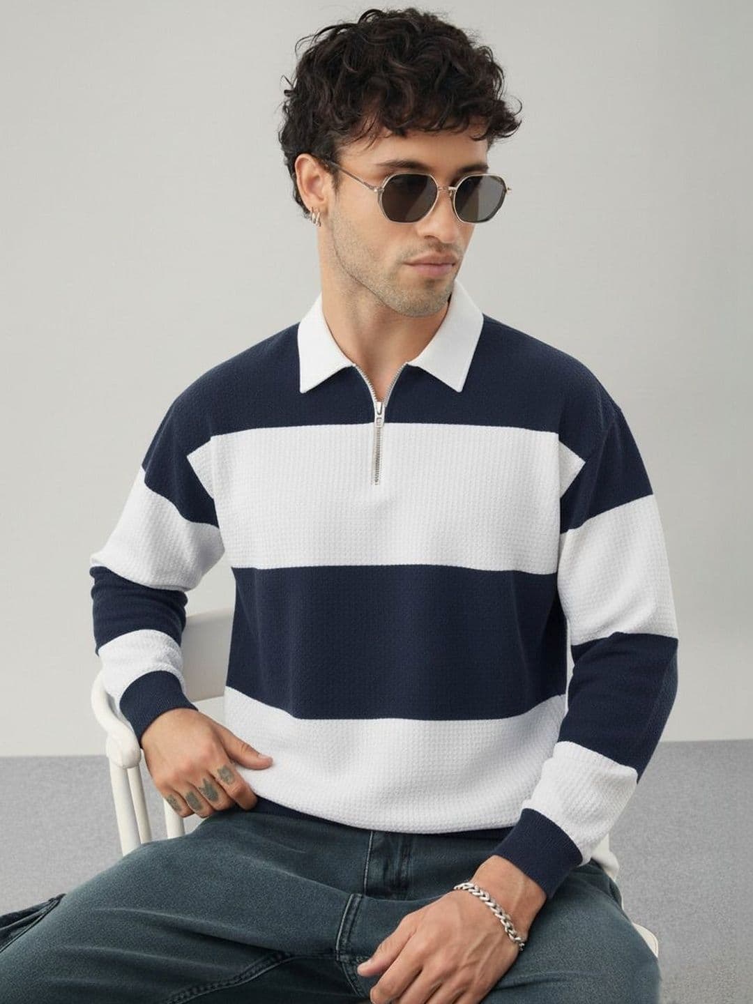 R.Code by The Roadster Life Co. Men Striped Polo Collar T-shirt - view 1