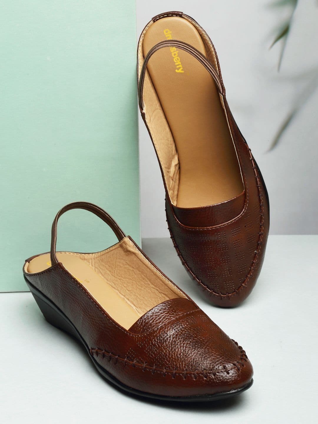 DressBerry Textured PU Wedge Mules with Laser Cuts - view 1