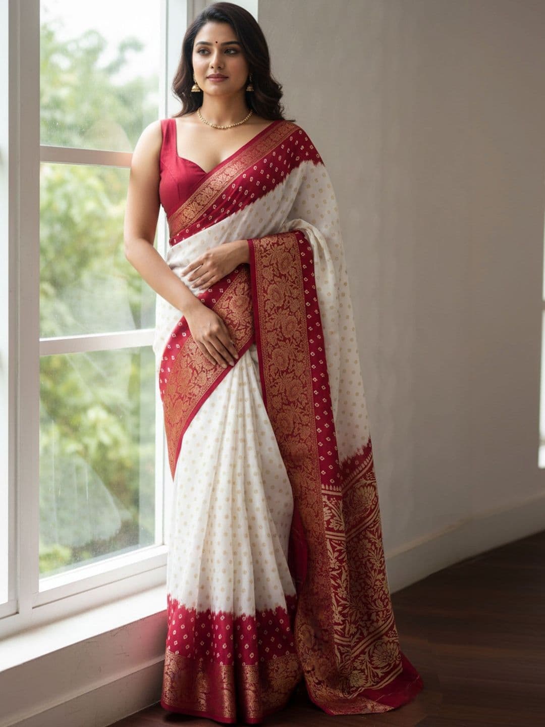 MAGNEITTA Ethnic Motifs Zari Silk Blend Heavy Work Bandhani Saree - view 1