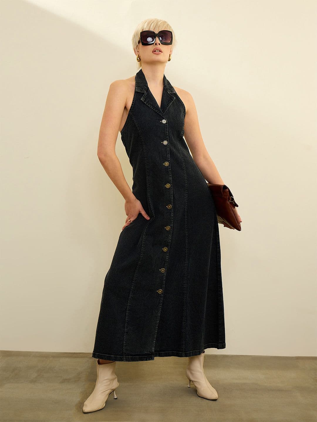 SASSAFRAS Halter Neck Denim A-Line Midi Dress - view 1
