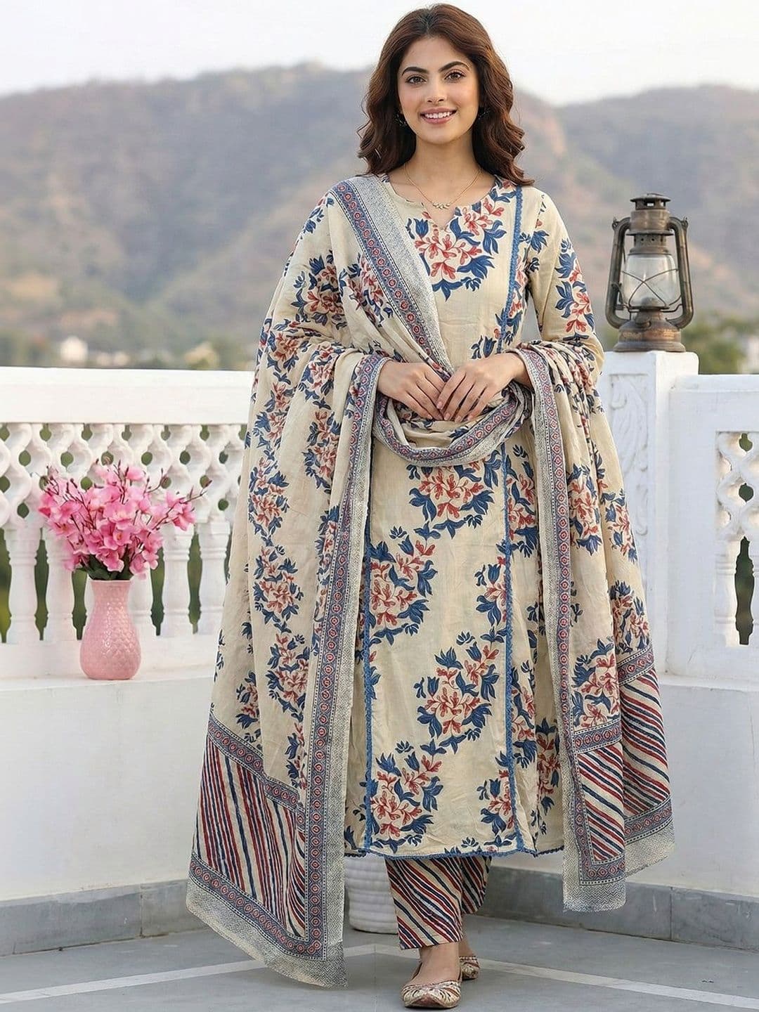 Anouk Women Floral Printed Regular Pure Cotton Kurta with Churidar & With Dupatta - view 1
