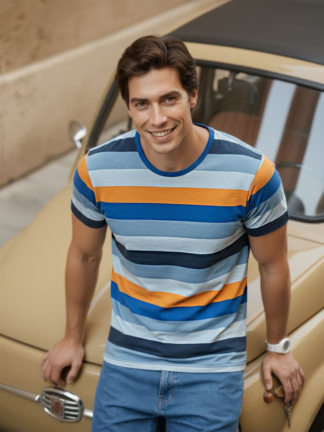 Mast & Harbour Mast Harbour Men Blue Striped Round Neck Pure Cotton T-shirt - view 1