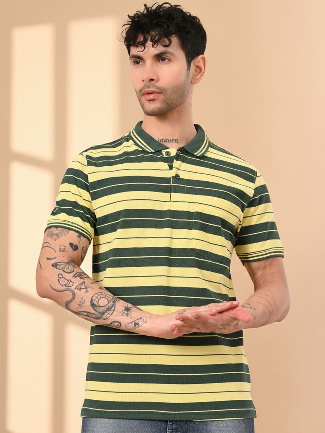 Mast & Harbour Men Striped Polo Collar Pockets T-shirt - view 1
