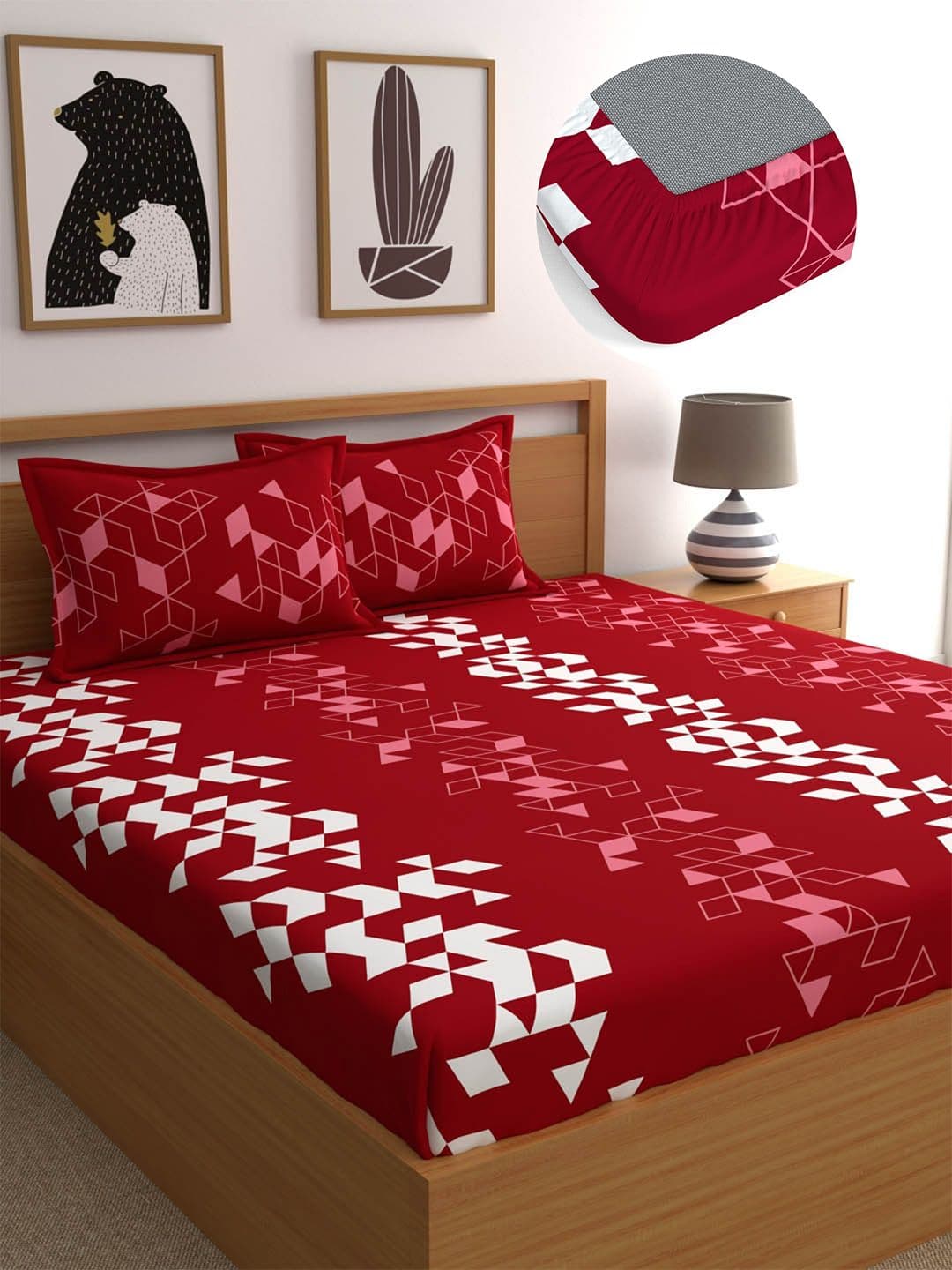 Dreamscape Red Abstract Cotton 144 TC Fitted King Bedsheet with 2 Pillow Covers-72 x 78 inches - view 1