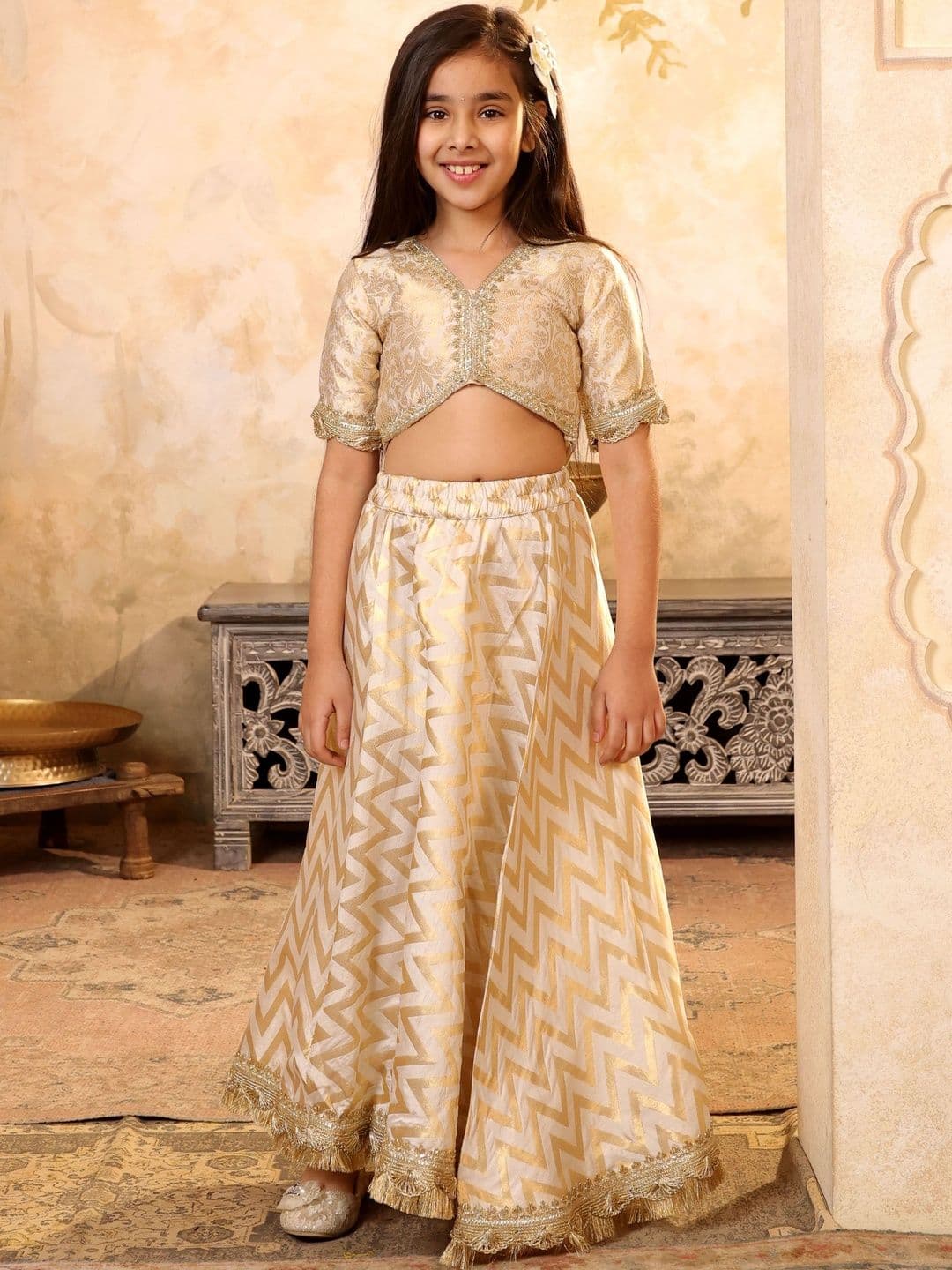 SHORGUL Girls Ready To Wear Brocade High Low Top And Lehenga - view 1