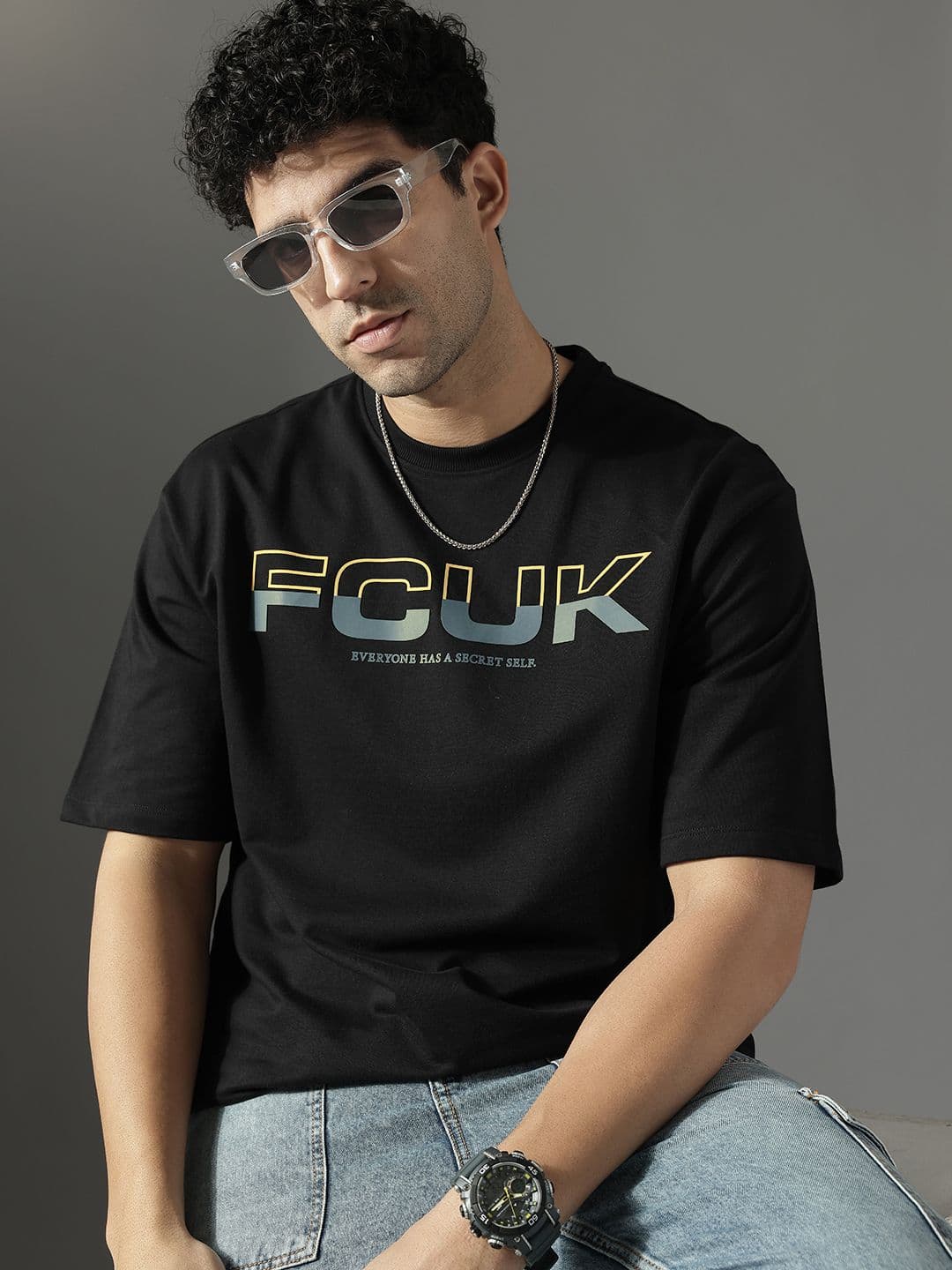 FCUK Brand Logo Printed Drop-Shoulder Sleeves Pure Cotton Oversized T-shirt - view 1