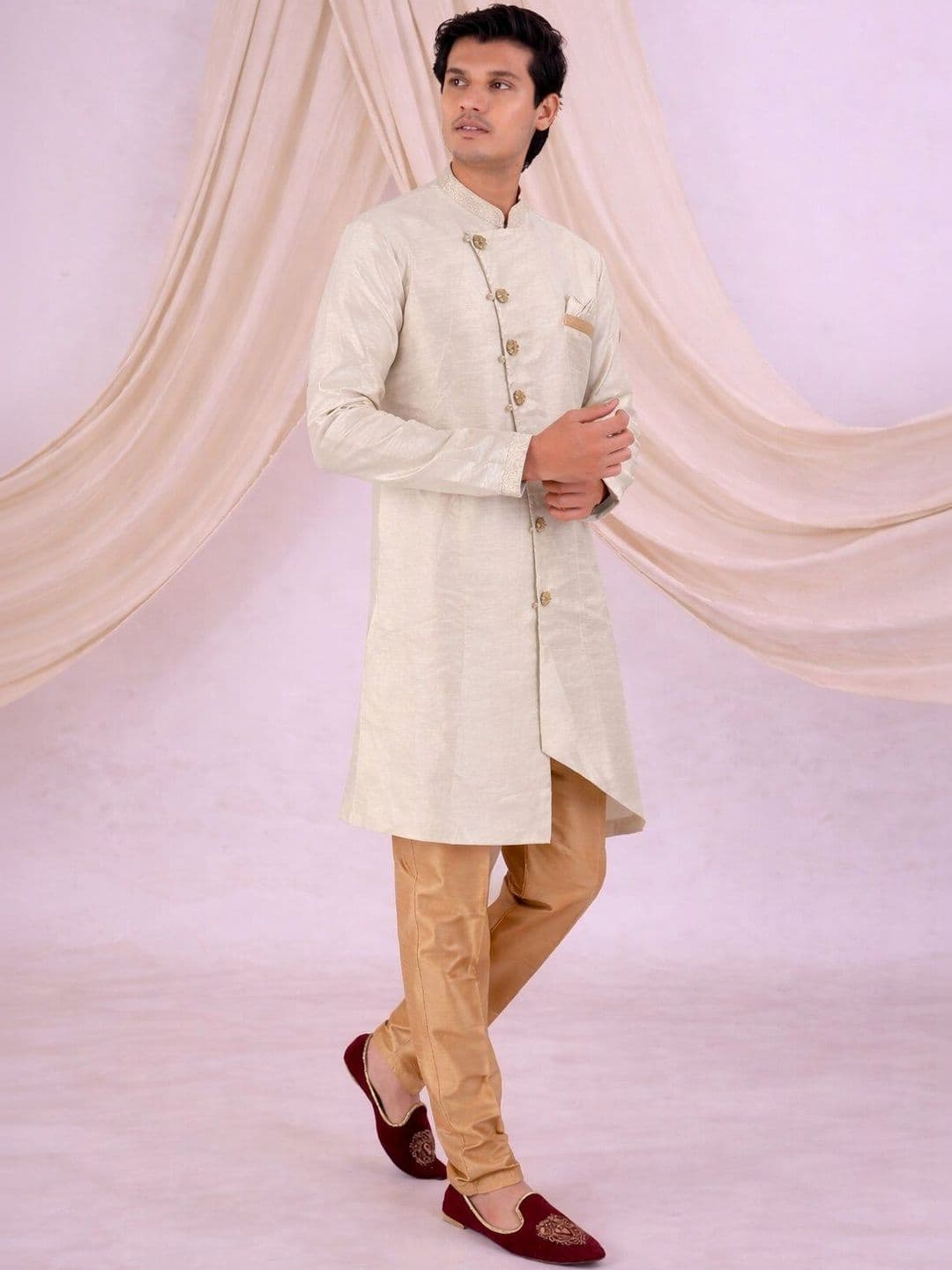 Desibutik Floral Woven Design Mandarin Collar Sherwani With Pyjama - view 1