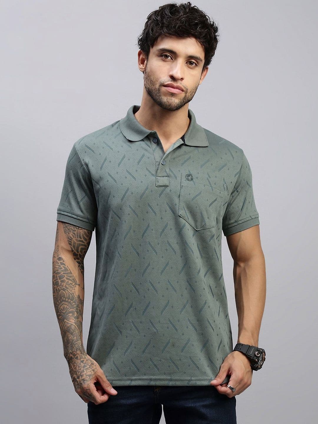 LUX NITRO Men Brasso Jacquard Textured Cotton Blend Pocket Polo T Shirt - view 1
