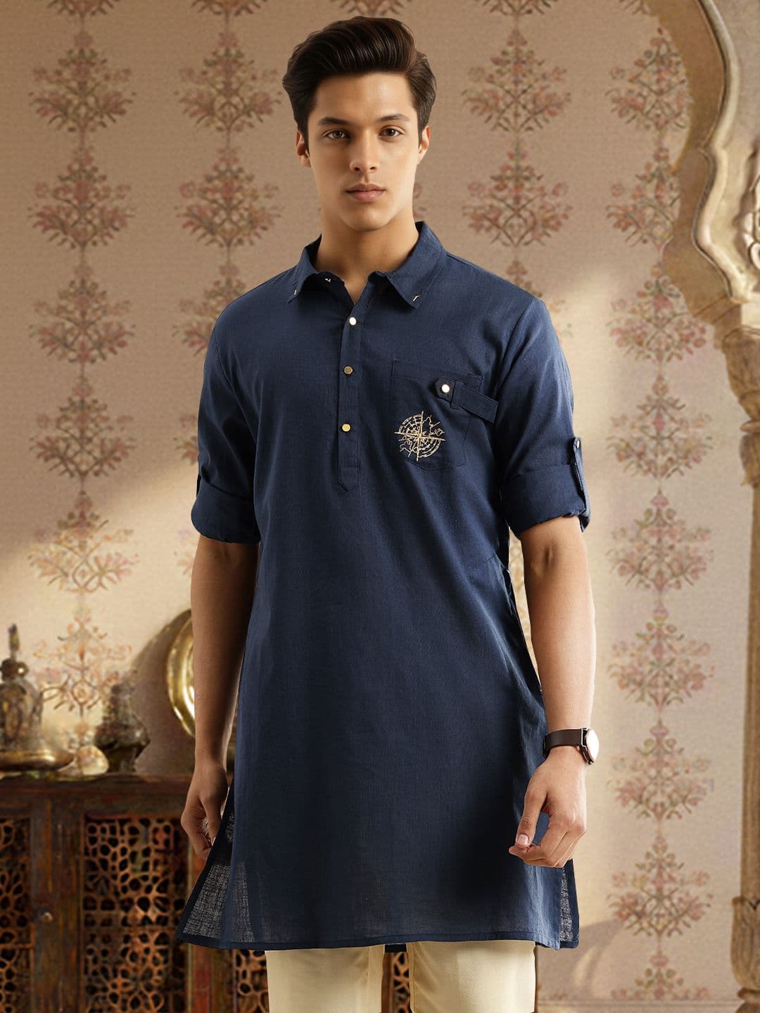 House of Pataudi Shirt Collar Roll-Up Sleeves Thread Work Detail Pure Cotton Jashn Kurta - view 1
