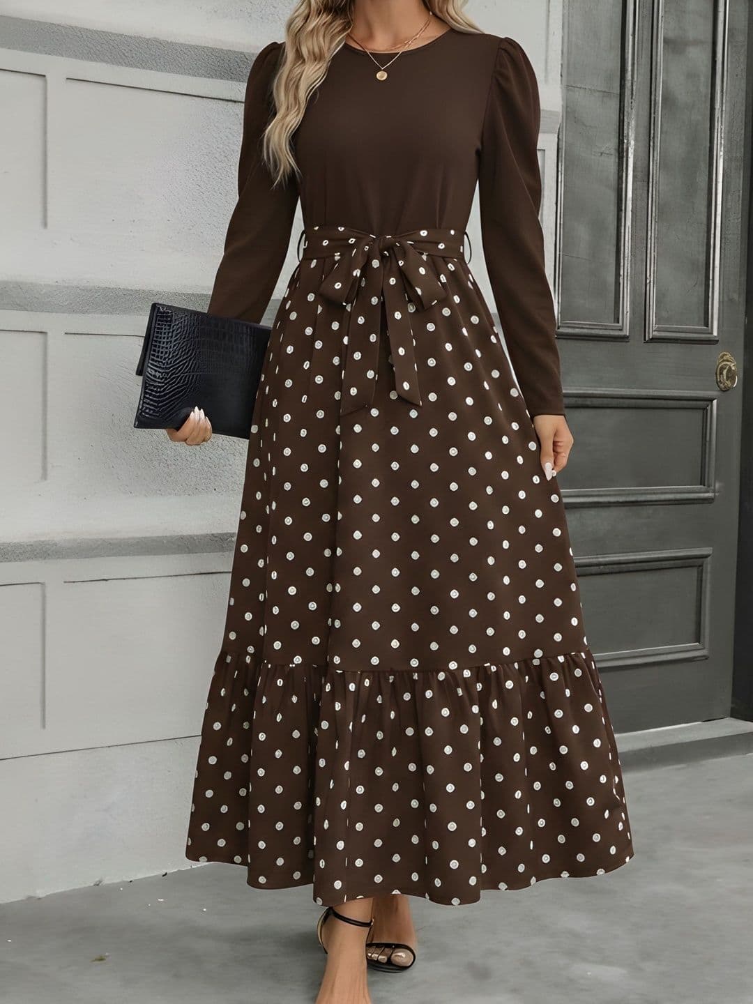 AmorLuxe Polka Dot Print Puff Sleeve A-Line Maxi Dress - view 1