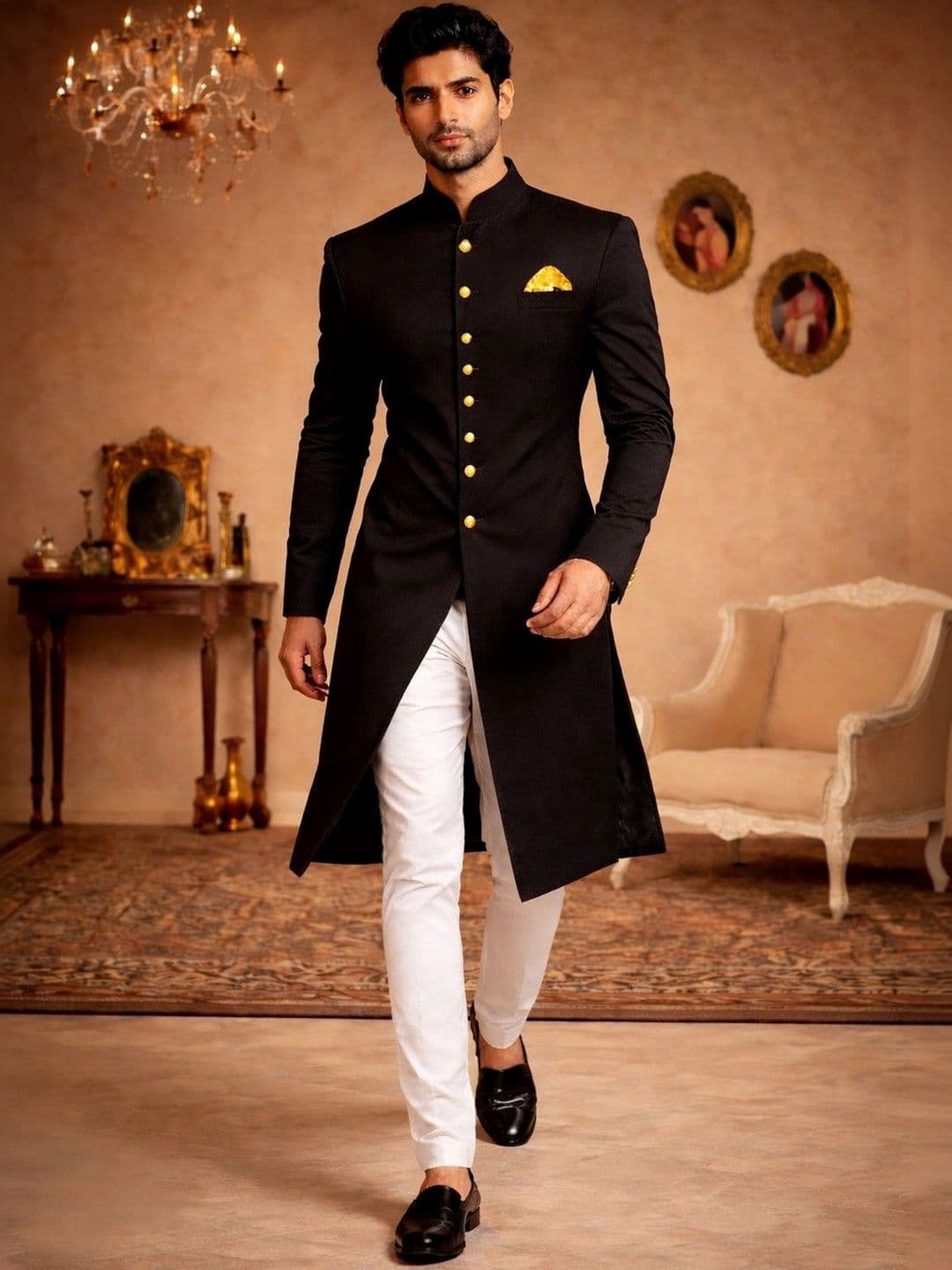 House of Pataudi Pure Cotton Mandarin Collar Sherwani Set - view 1