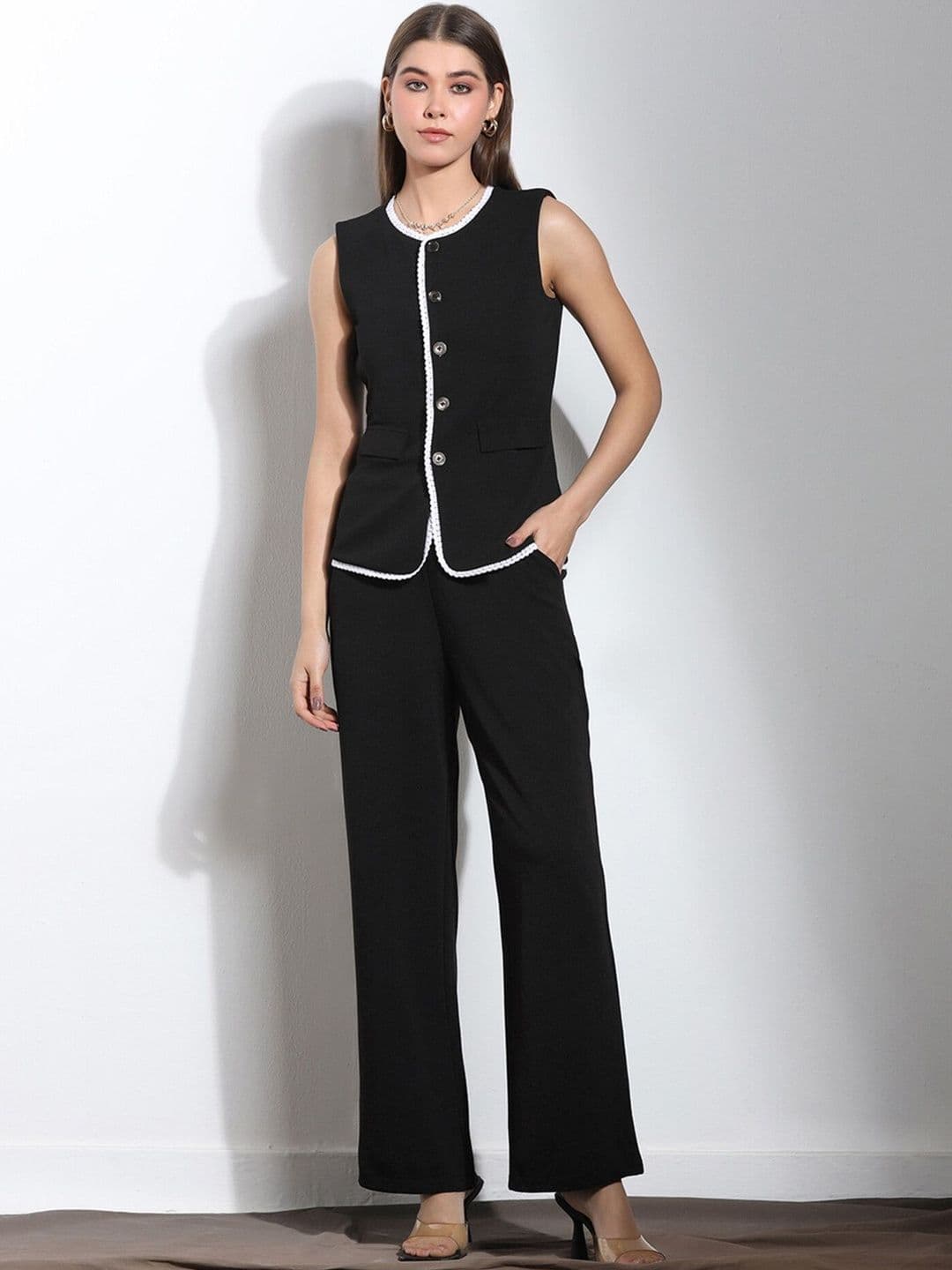 Selvia Lace Detail Solid Vest Top with Trousers - view 1
