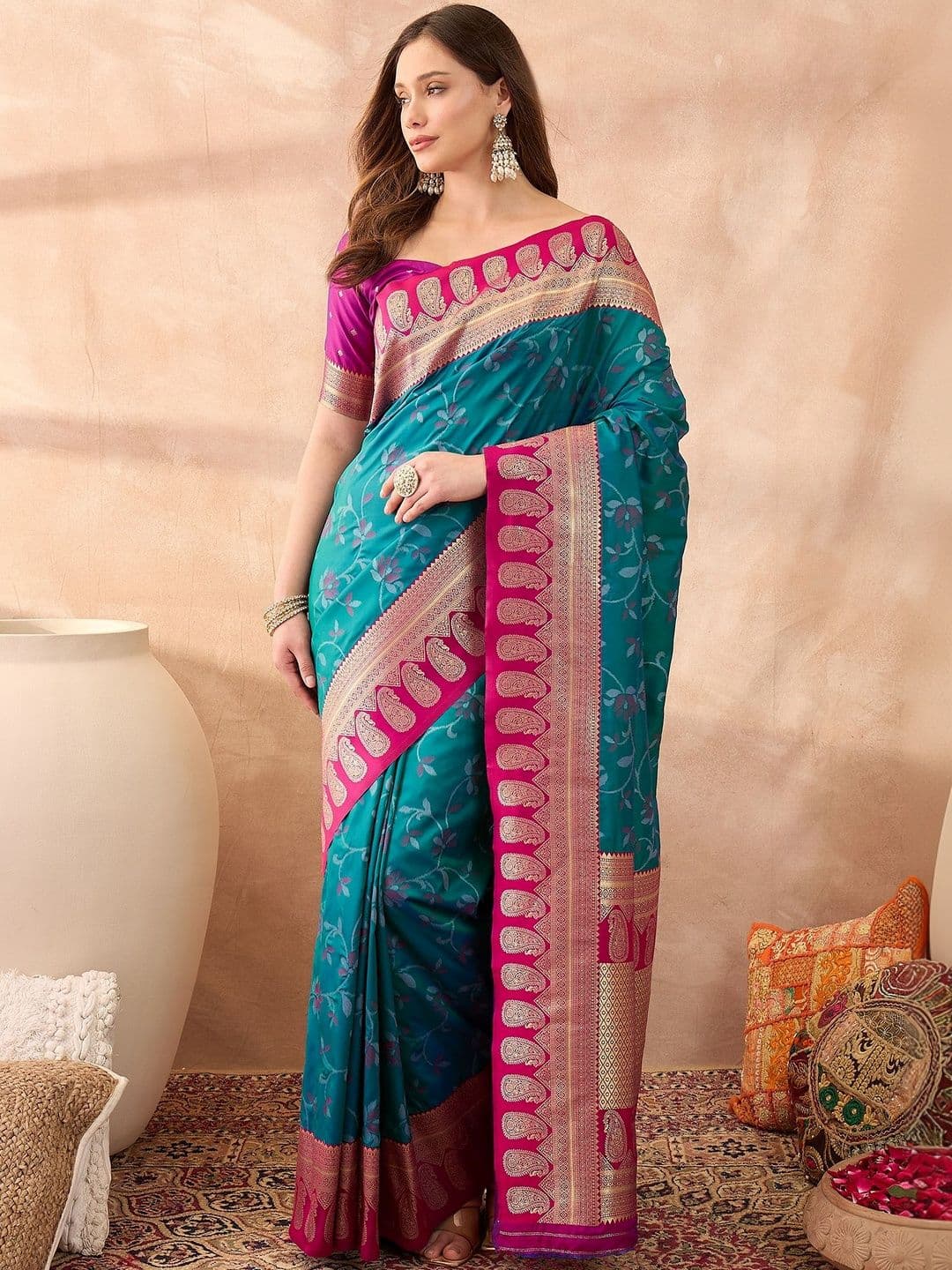House of Pataudi Woven Design Banarasi Sarees With Unstitched Blouse - view 1