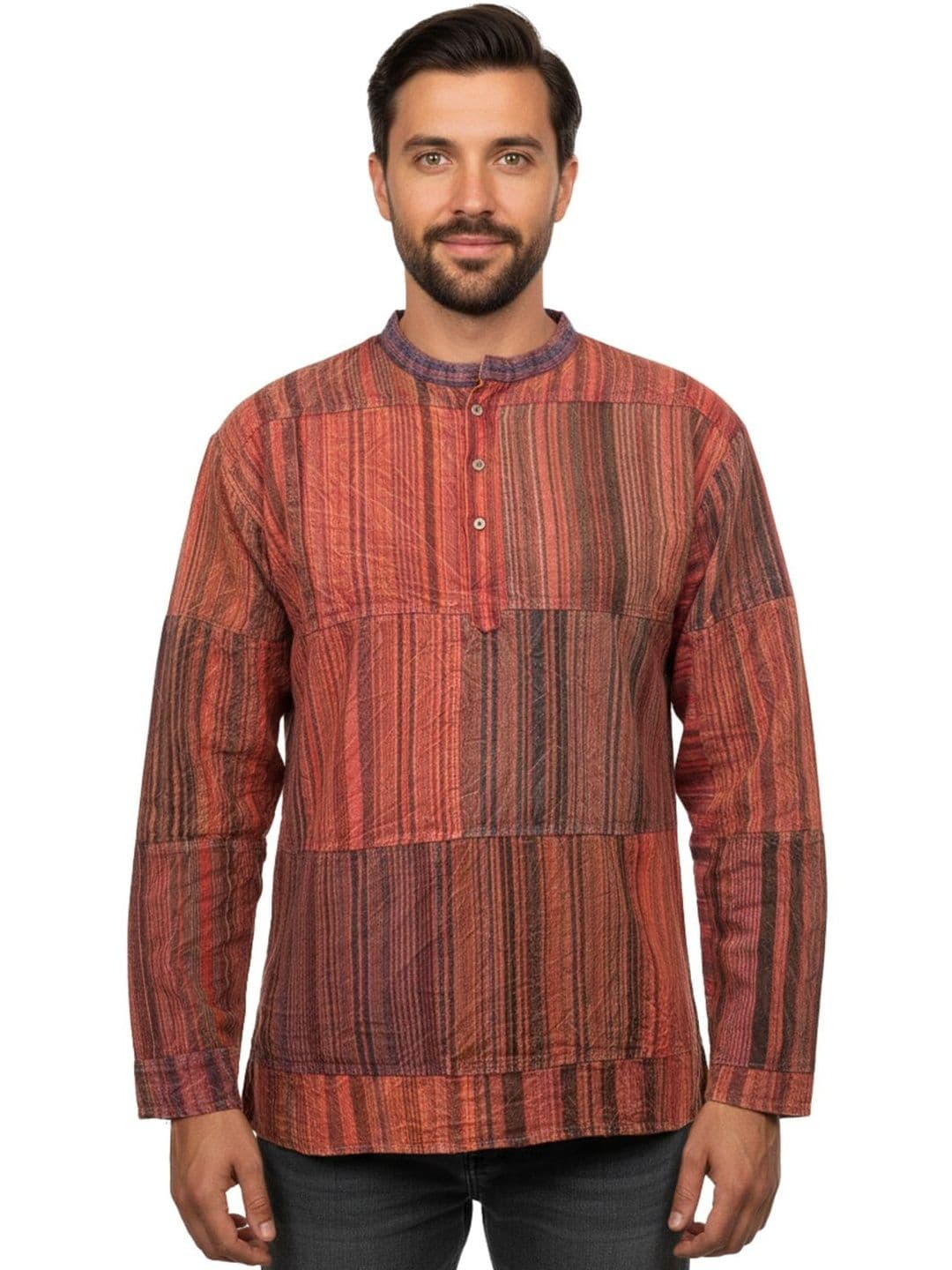 Sanaatani Men Striped Mandarin Collar Cotton Khadi Kurta - view 1