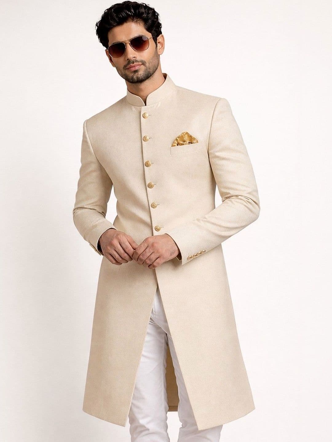 SOURAGYA Pure Cotton Mandarin Collar Sherwani - view 1