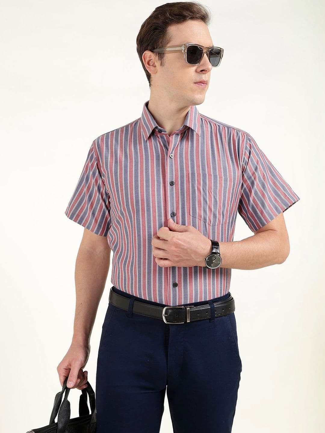 Hancock Men Striped Chambray Slim Fit Pure Cotton Formal Shirt - view 1