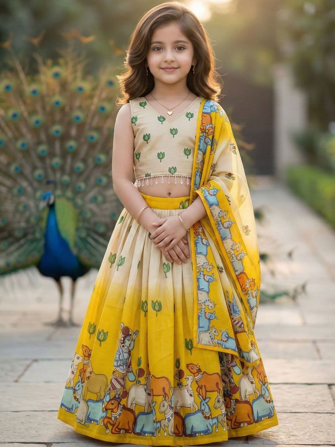 KALINI Kids Printed Cow & Lotus Motif Printed Ready to Wear Ethnic Lehenga Choli - view 1