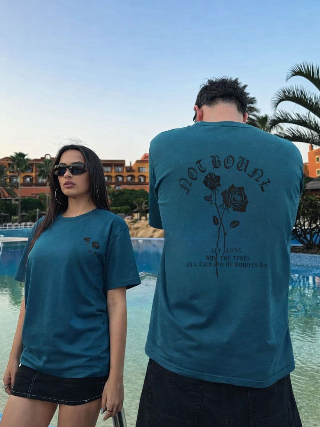 Rigo Unisex Teal Round Neck Cotton Printed Drop Shoulder Oversized T-shirt - view 1