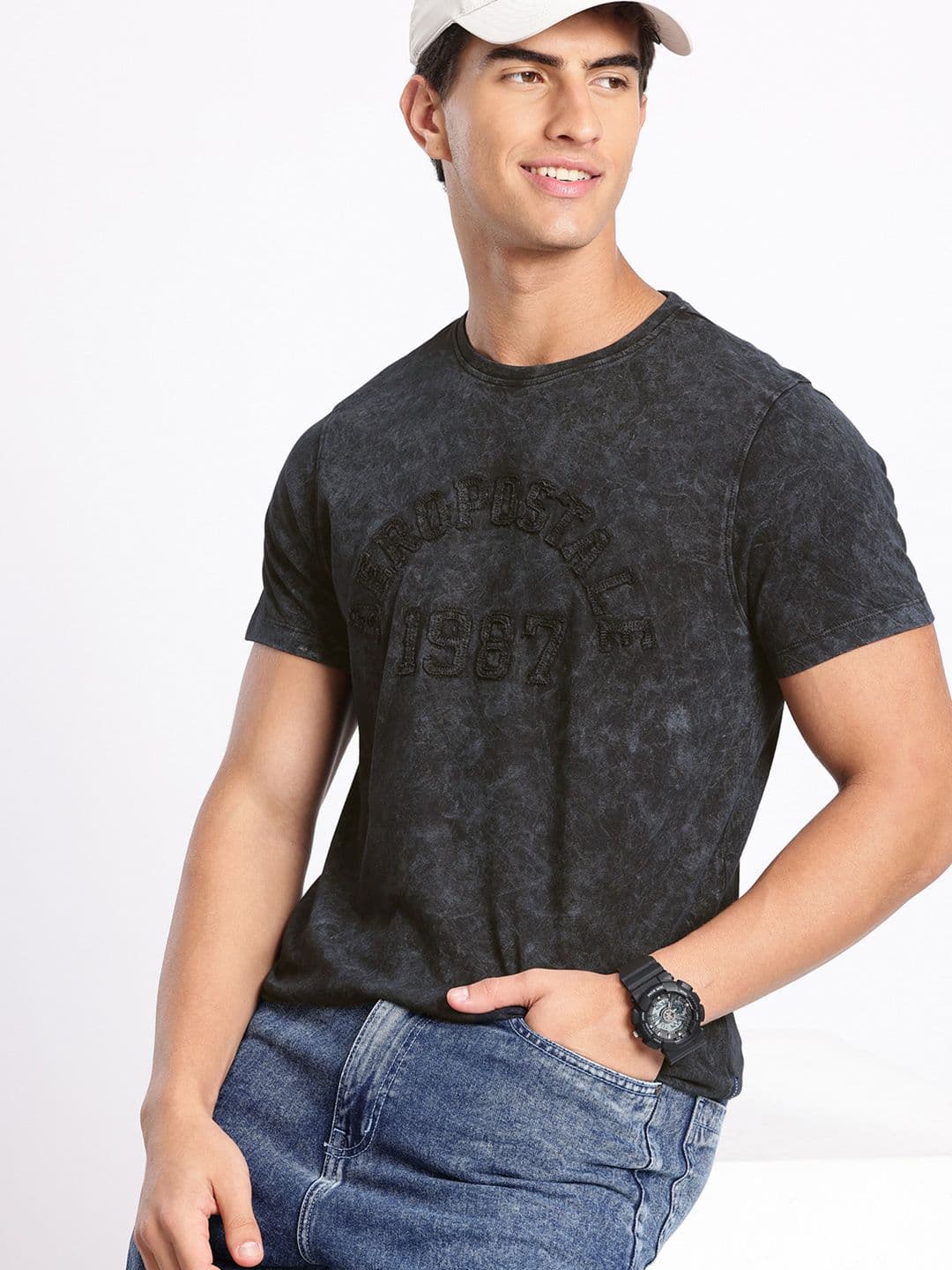 Aeropostale Brand Logo Washed Pure Cotton Applique T-shirt - view 1