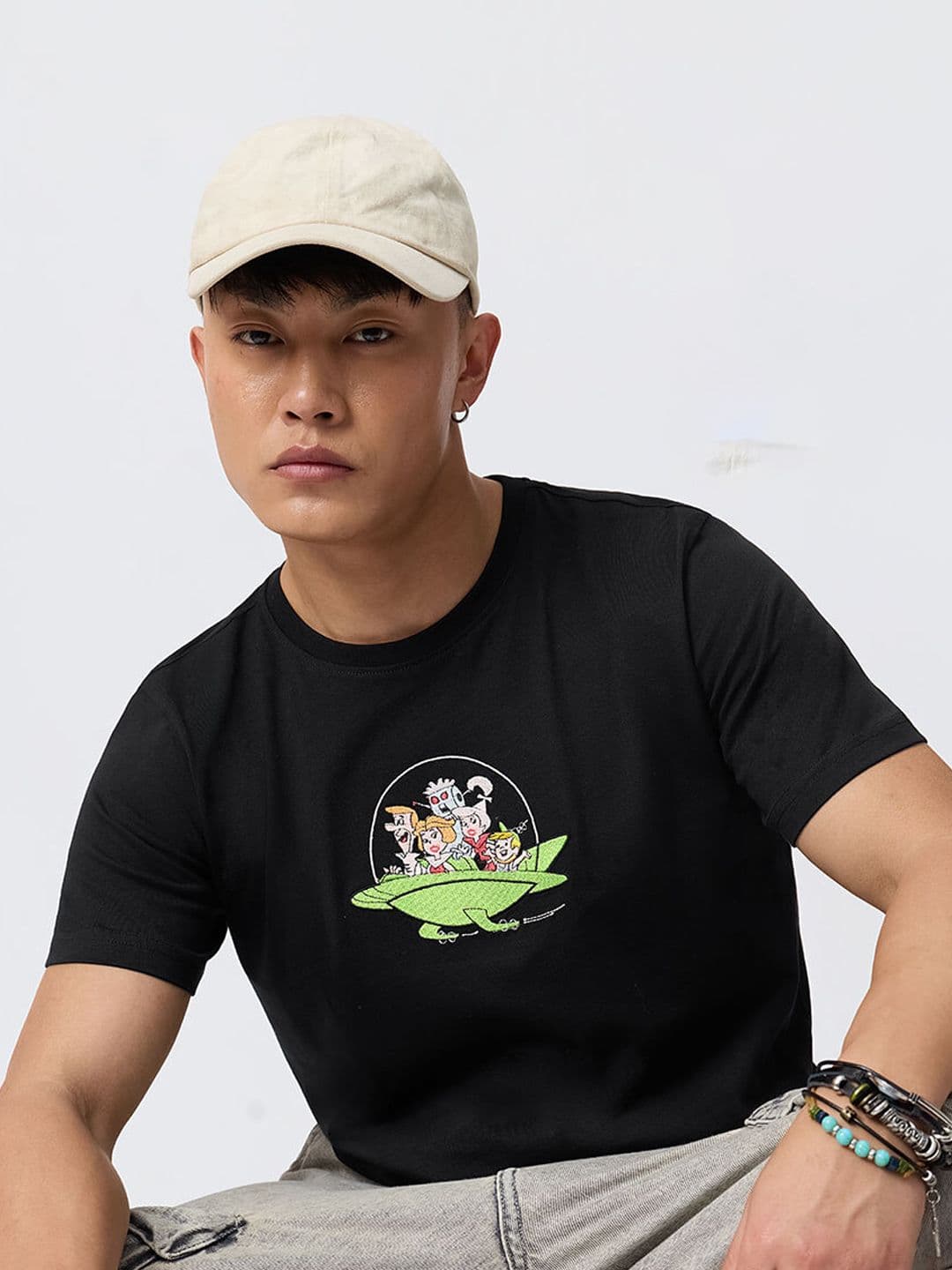 The Souled Store Mens Embroidered Black Relaxed Fit T-Shirts - view 1