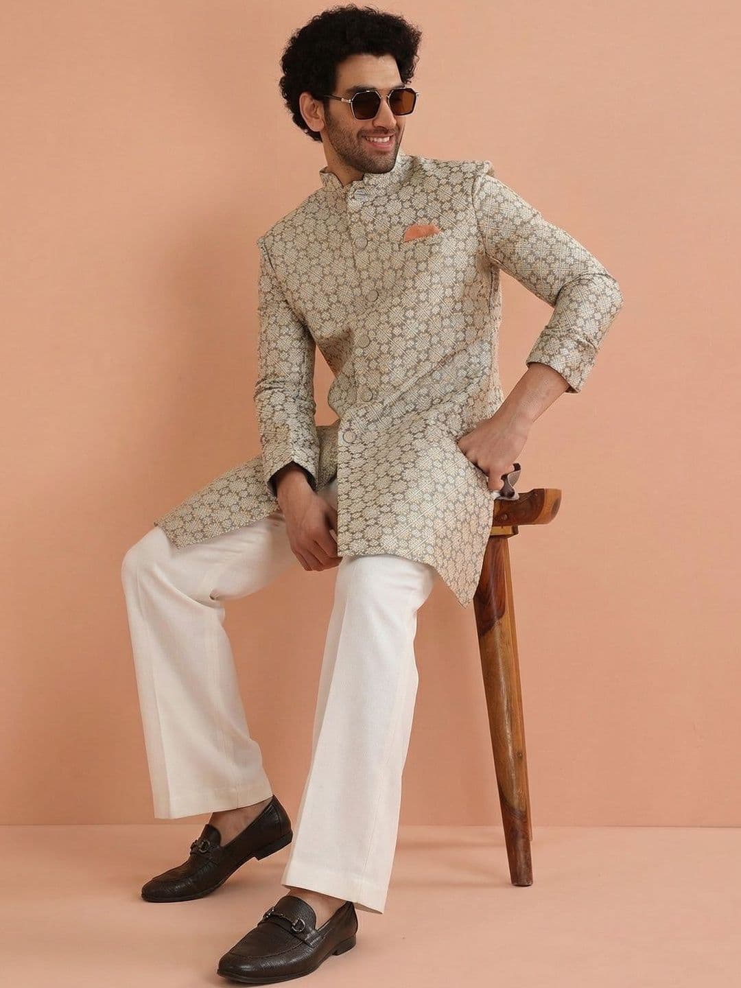 KISAH Geometric Embroidered Mandarin Collar Sherwani With Wide Leg Trouser - view 1