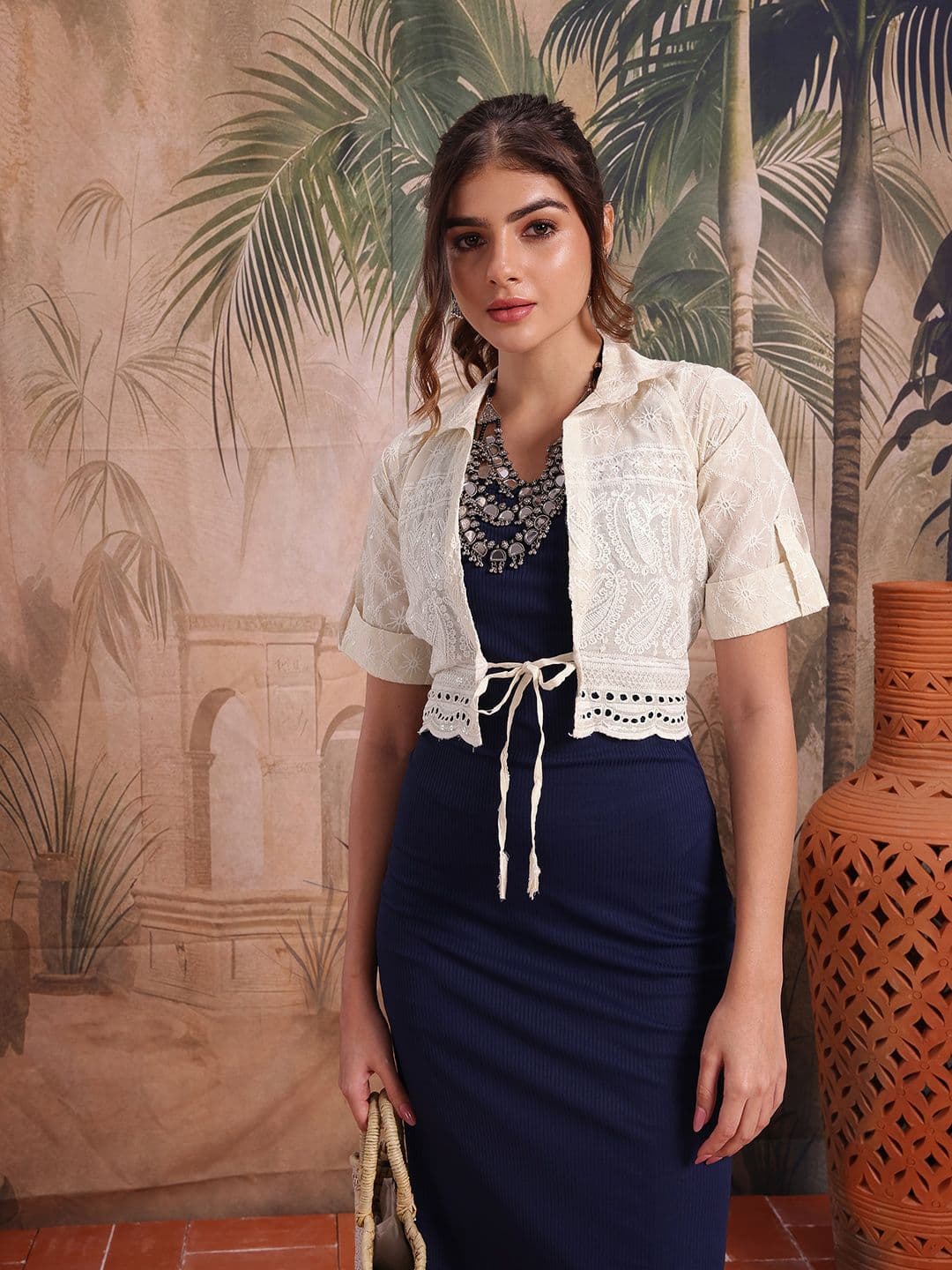 Sangria Ethnic Embroidered Shirt Collar Sequinned Detail Tie-Up Shrug - view 1