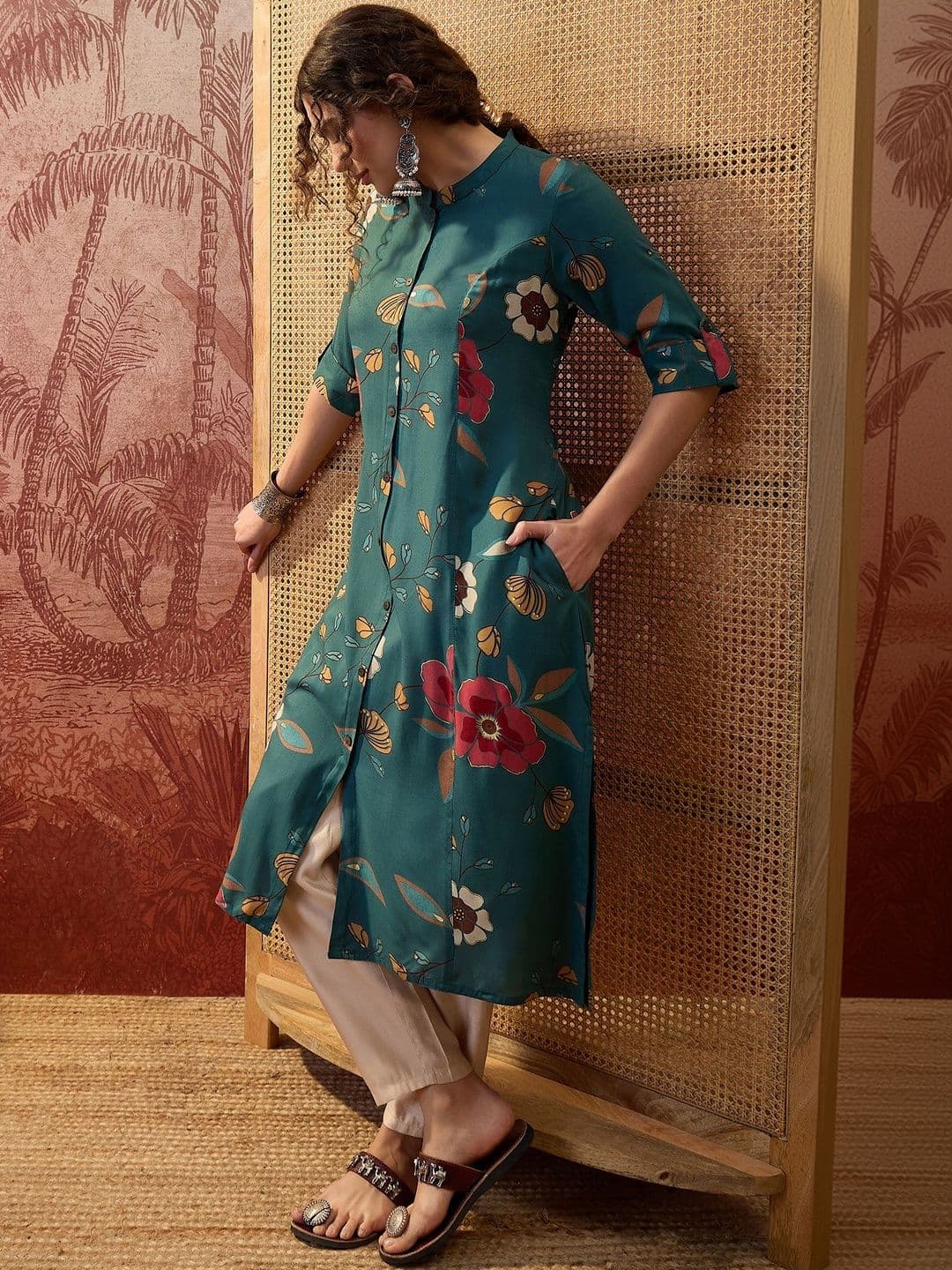 Sangria Printed Mandarin Collar Calf Length A-Line Kurtas - view 1