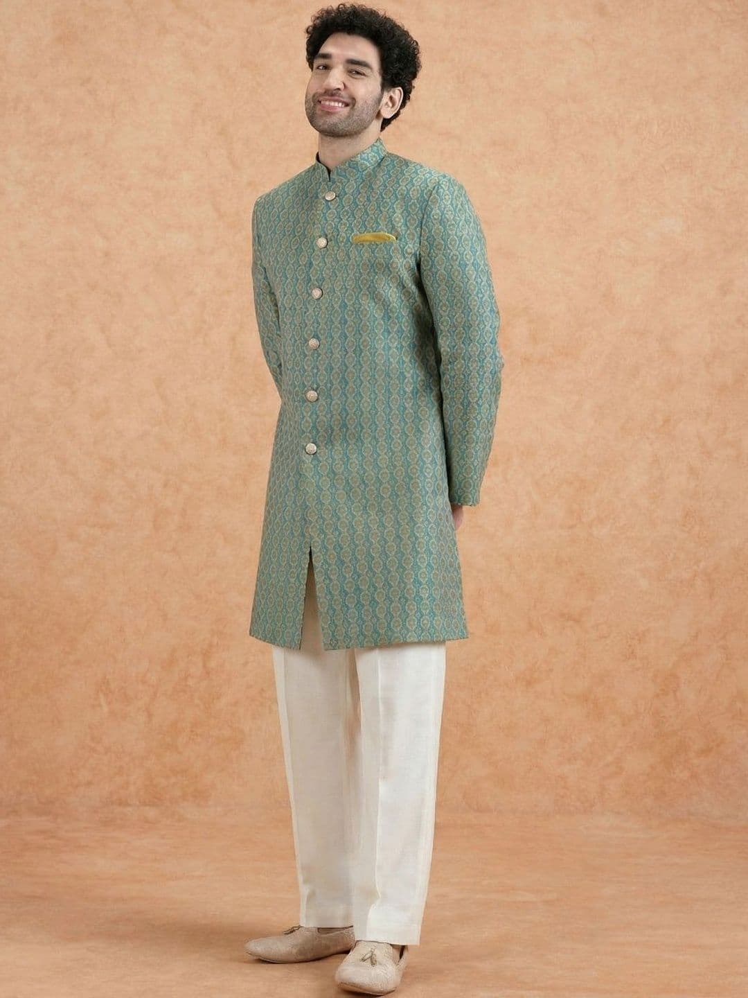 KISAH Floral Woven Design Mandarin Collar Sherwani With Wide Leg Trouser - view 1