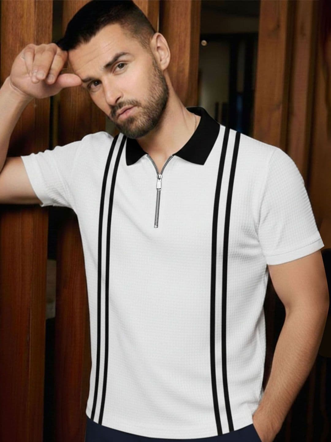 ENITOR Striped Polo Collar Cotton Regular Fit T-shirt - view 1