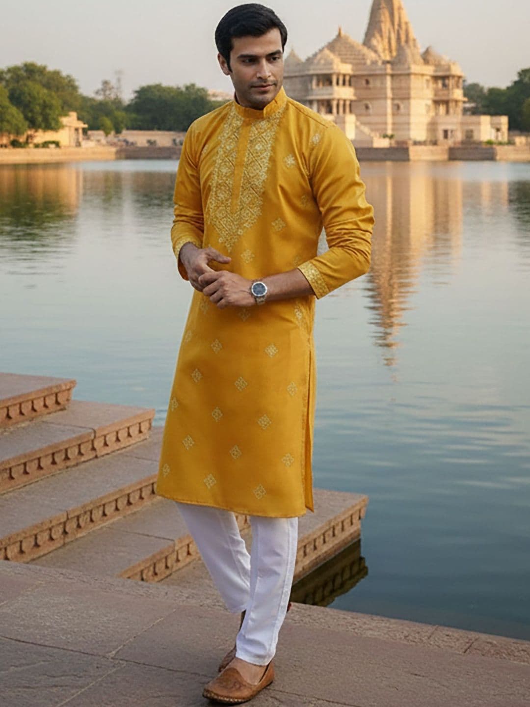 RANGRAAG Men Geometric Yoke Design Keyhole Neck Flared Sleeves Thread Work Pathani Kurta - view 1