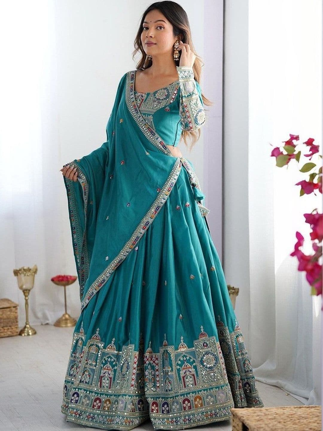 KRYSAL Embellished Mirror Work Ready to Wear Lehenga & Blouse With Dupatta - view 1